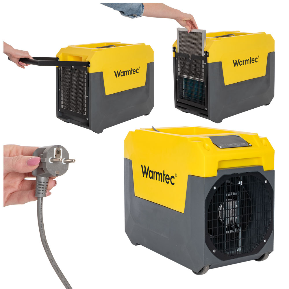Żółto-szary osuszacz Warmtec pokazany z wtyczką i wyjmowanym filtrem.