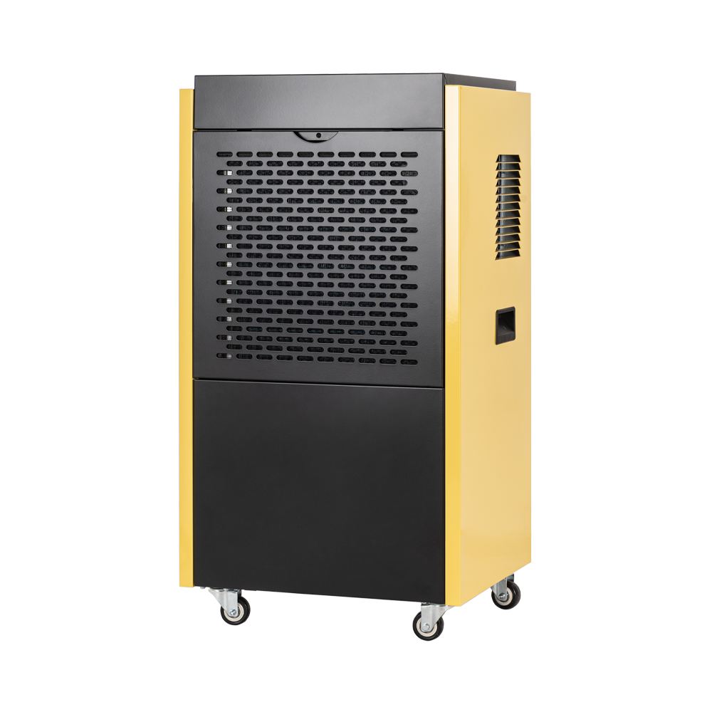 Żółto-czarny osuszacz powietrza na kółkach z wentylowaną kratką z przodu.