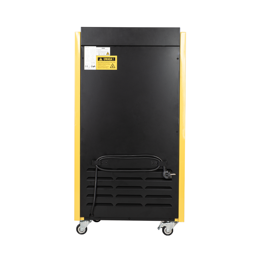 Tył żółtego urządzenia z czarnym panelem i kółkami.