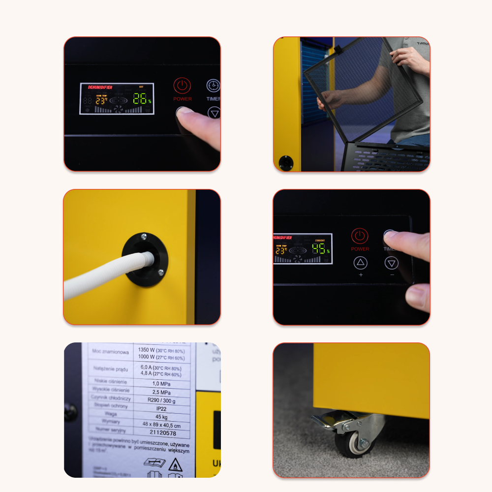 Zbliżenie panelu sterowania osuszacza z palcem naciskającym przycisk.