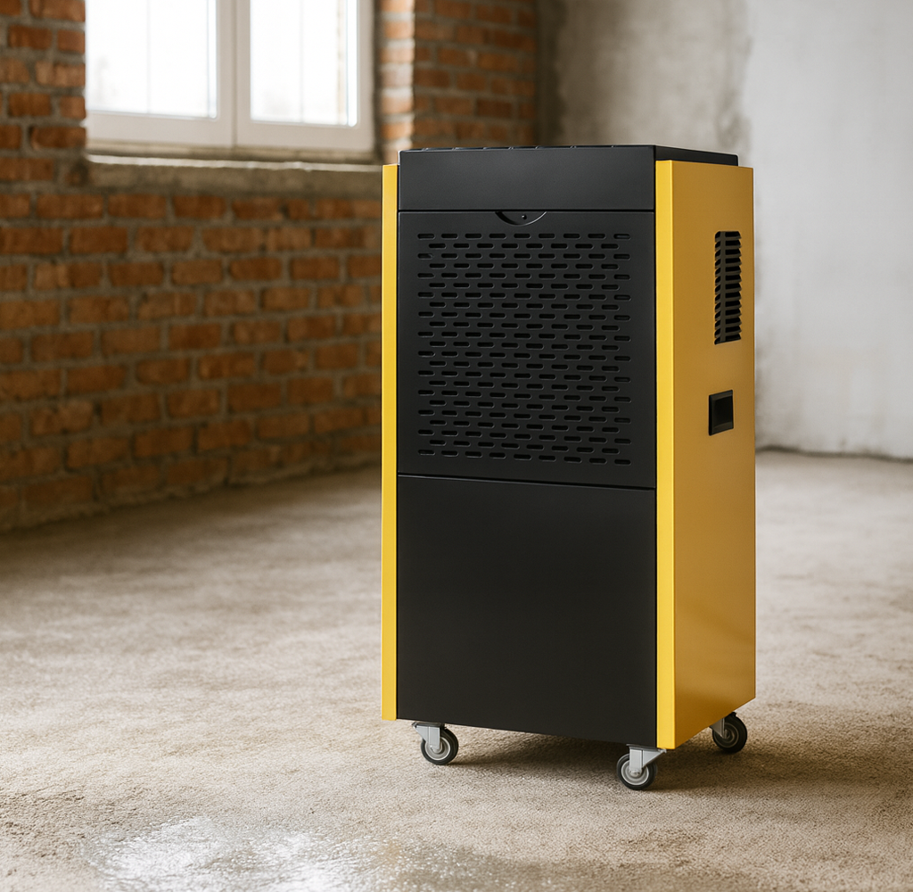 Żółty i czarny osuszacz powietrza na kółkach stoi w pomieszczeniu z ceglaną ścianą.