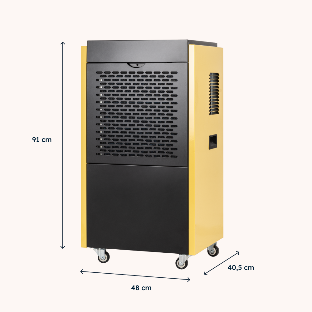 Żółty i czarny osuszacz powietrza na kółkach. Wymiary: 91x48x40,5 cm.