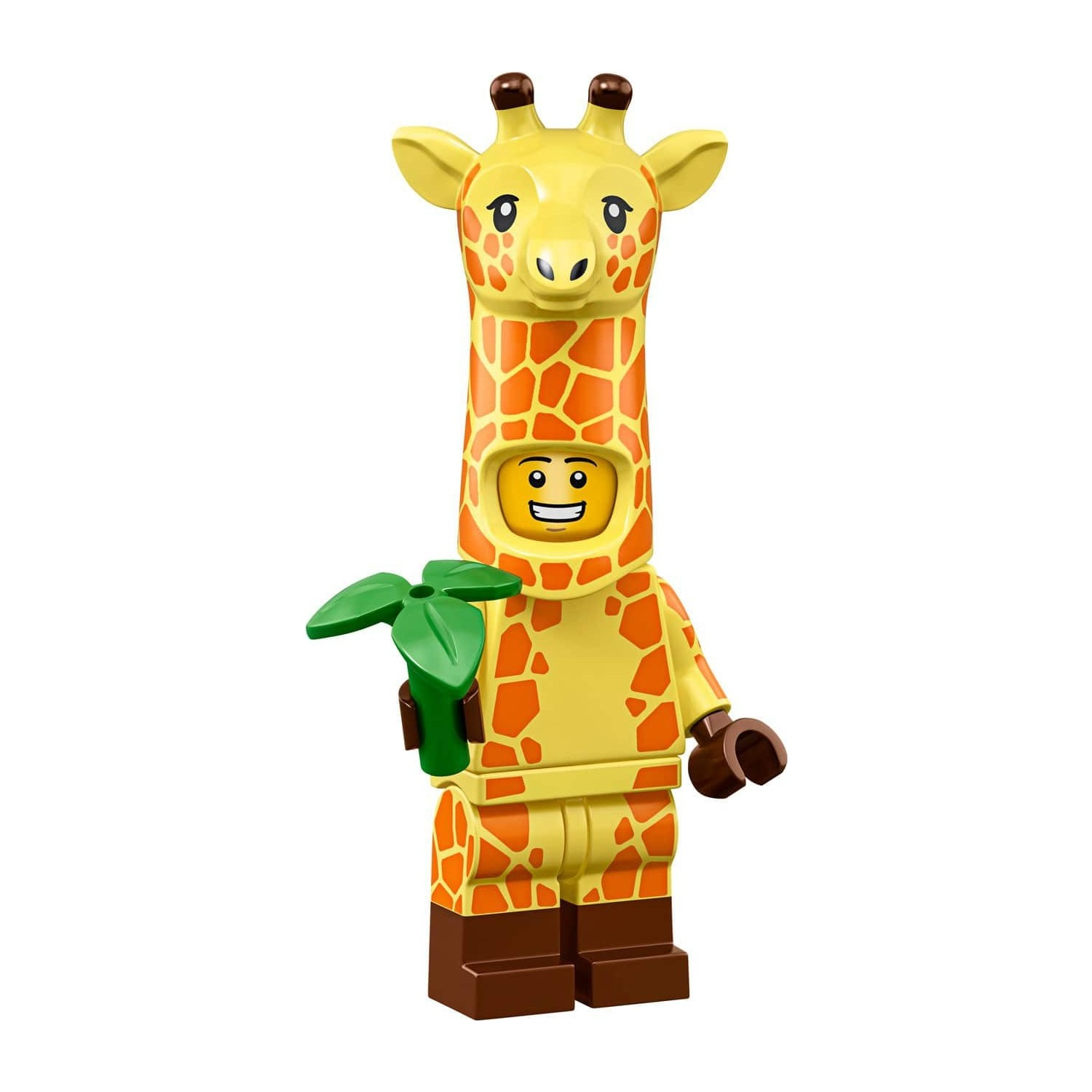 Zürafa kostümlü Lego minifigürü yeşil yaprak tutuyor.