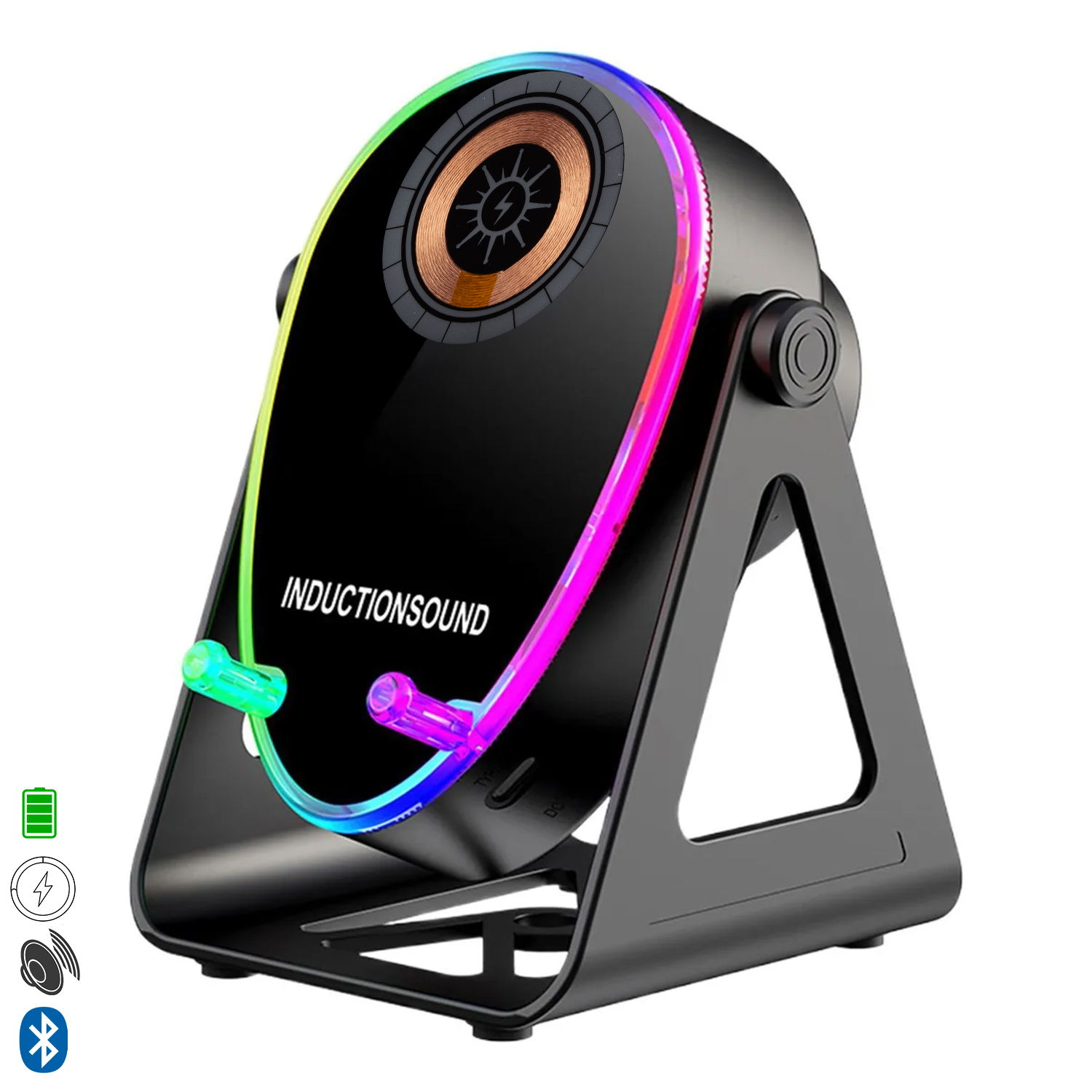 Altoparlante a induzione nero con striscia luminosa RGB su supporto. Icone mostrano batteria, ricarica wireless, suono, Bluetooth.