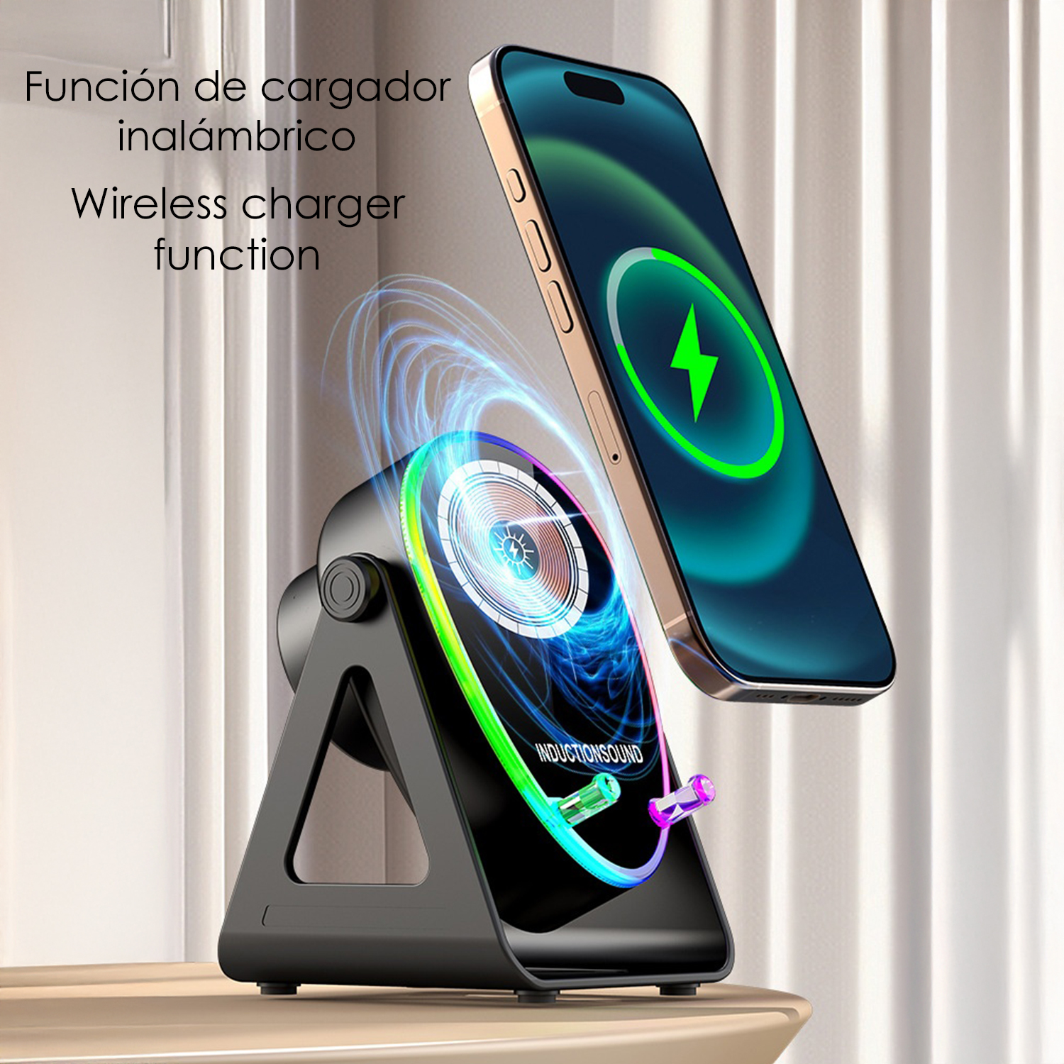Uno smartphone si ricarica in modalità wireless su un supporto nero con anelli luminosi.