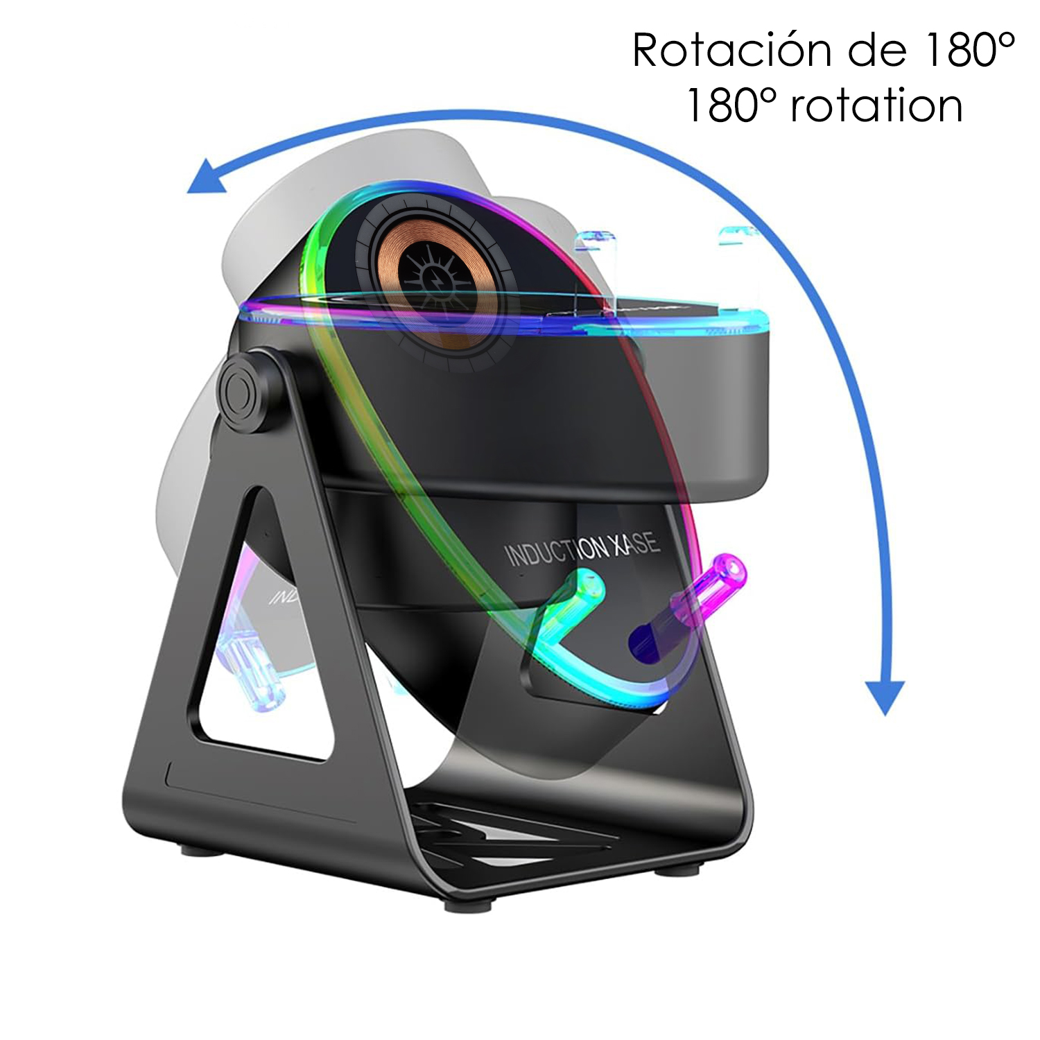 Un supporto nero con un dispositivo rotante con illuminazione RGB e una bobina.
