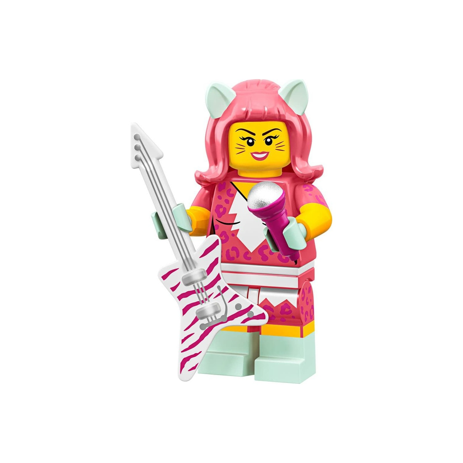 Pembe peruklu, kedi kulaklı, gitar ve mikrofonlu Lego figürü.
