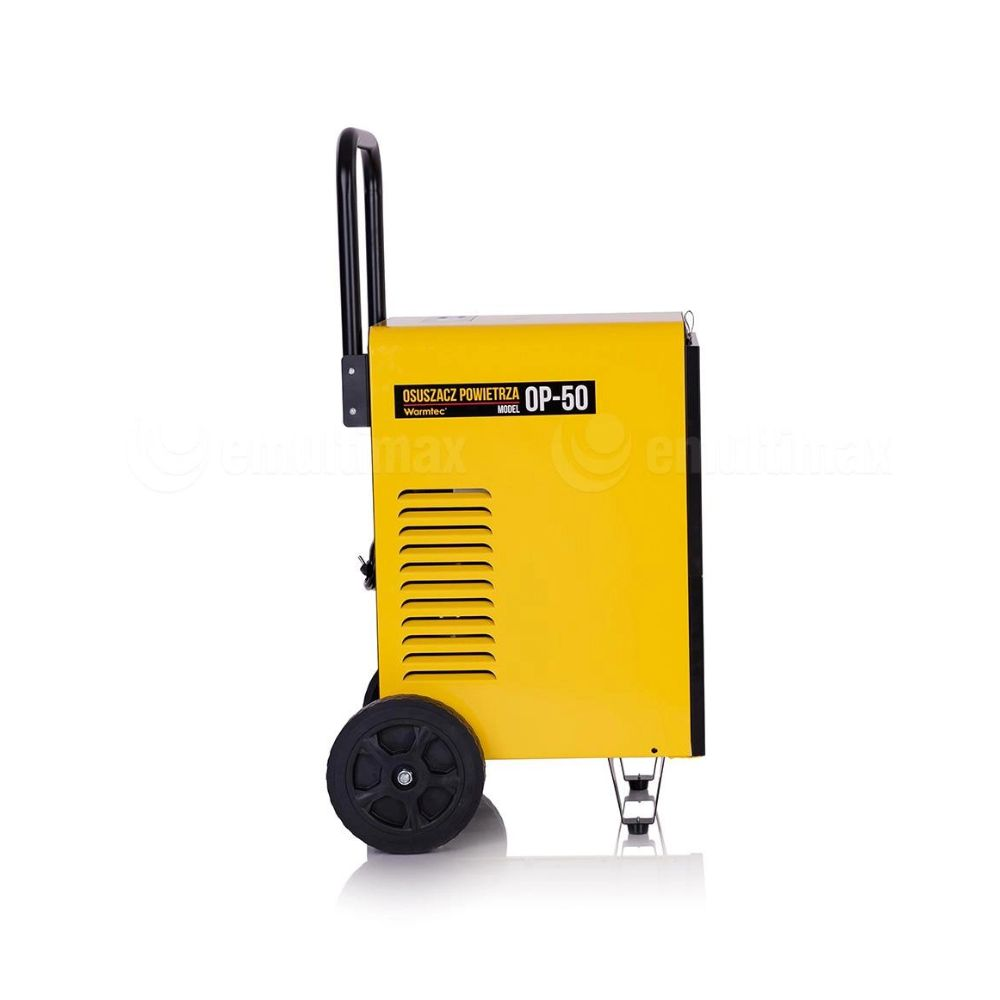 Żółty osuszacz powietrza z kołami i uchwytem, model OP-50.