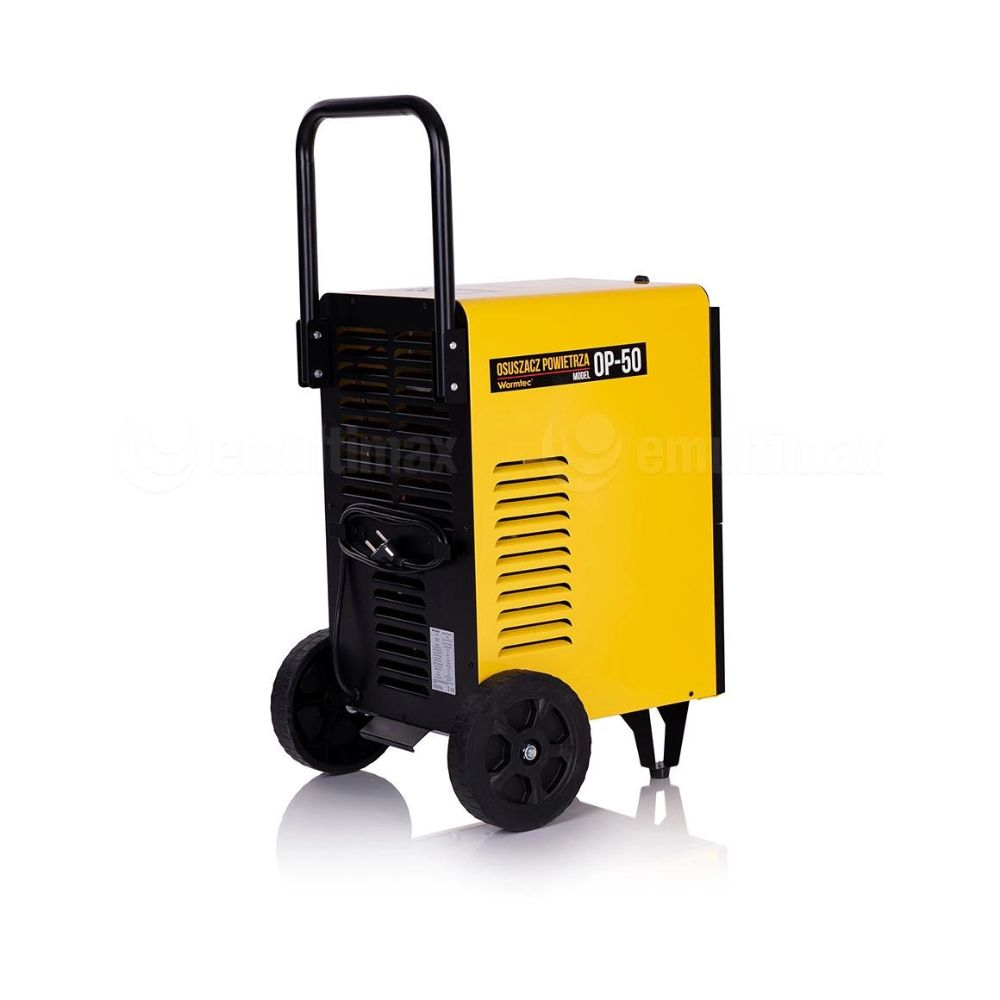 Żółty osuszacz powietrza z czarnym uchwytem i kołami, model OP-50.