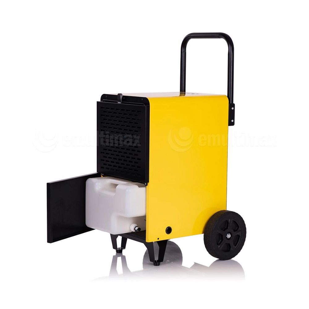 Żółty osuszacz powietrza z czarnym uchwytem, kołami i wyjmowanym zbiornikiem na wodę.