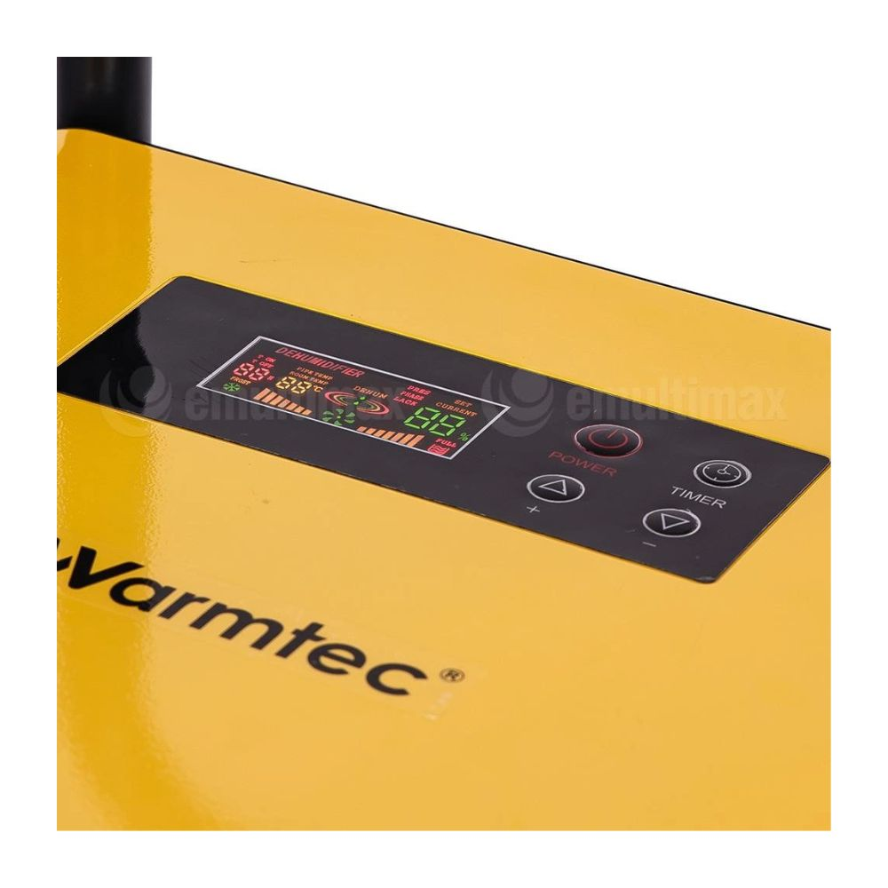 Żółty osuszacz z czarnym panelem sterowania i cyfrowym wyświetlaczem. Logo Varmtec.