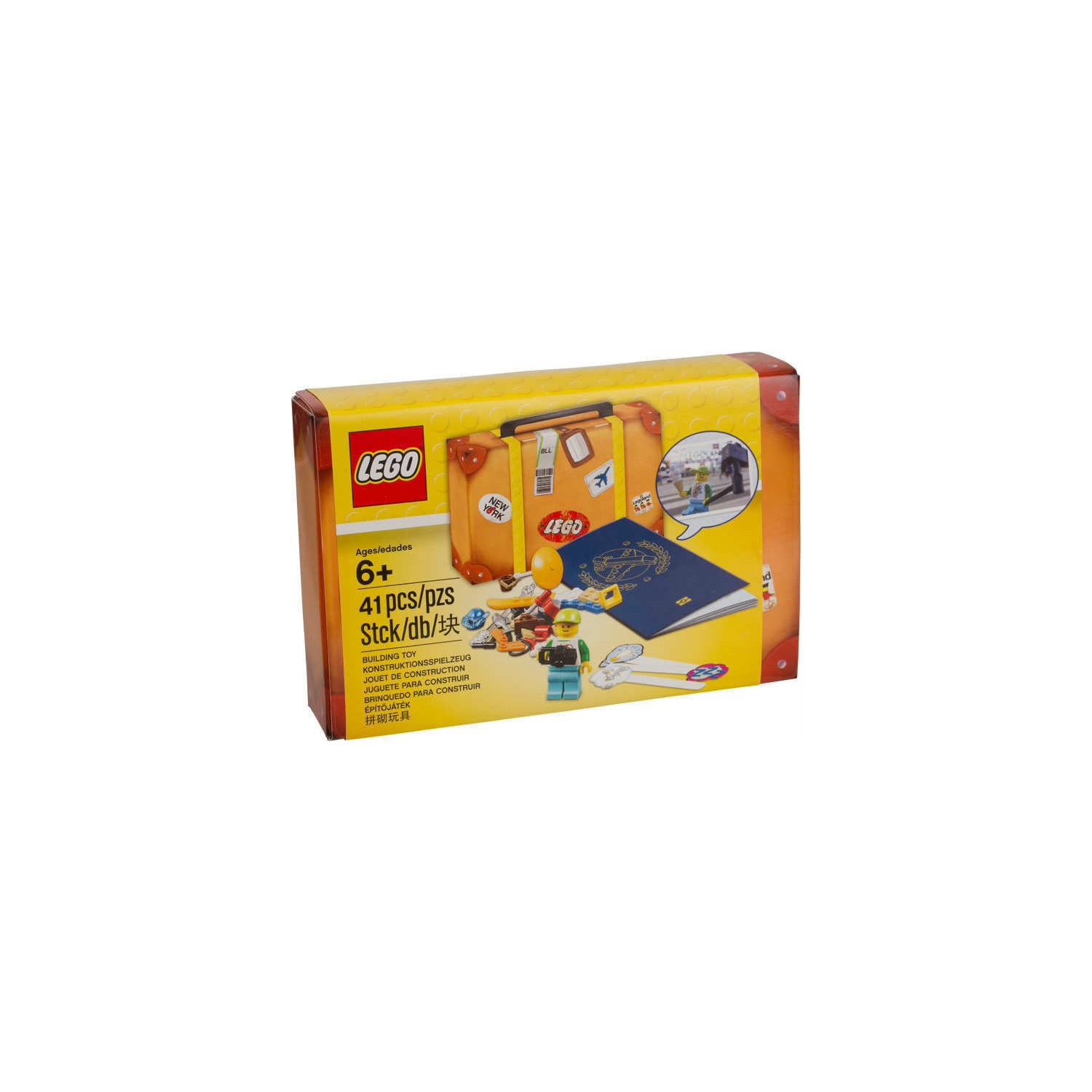 6 yaş ve üzeri için bavul, pasaport ve figürlü LEGO seti.