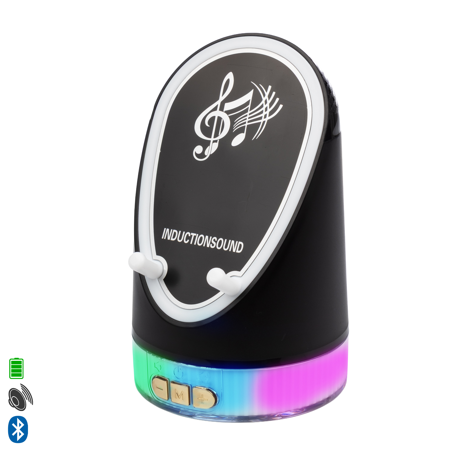 Altoparlante a induzione nero con note musicali e LED che cambiano colore alla base.