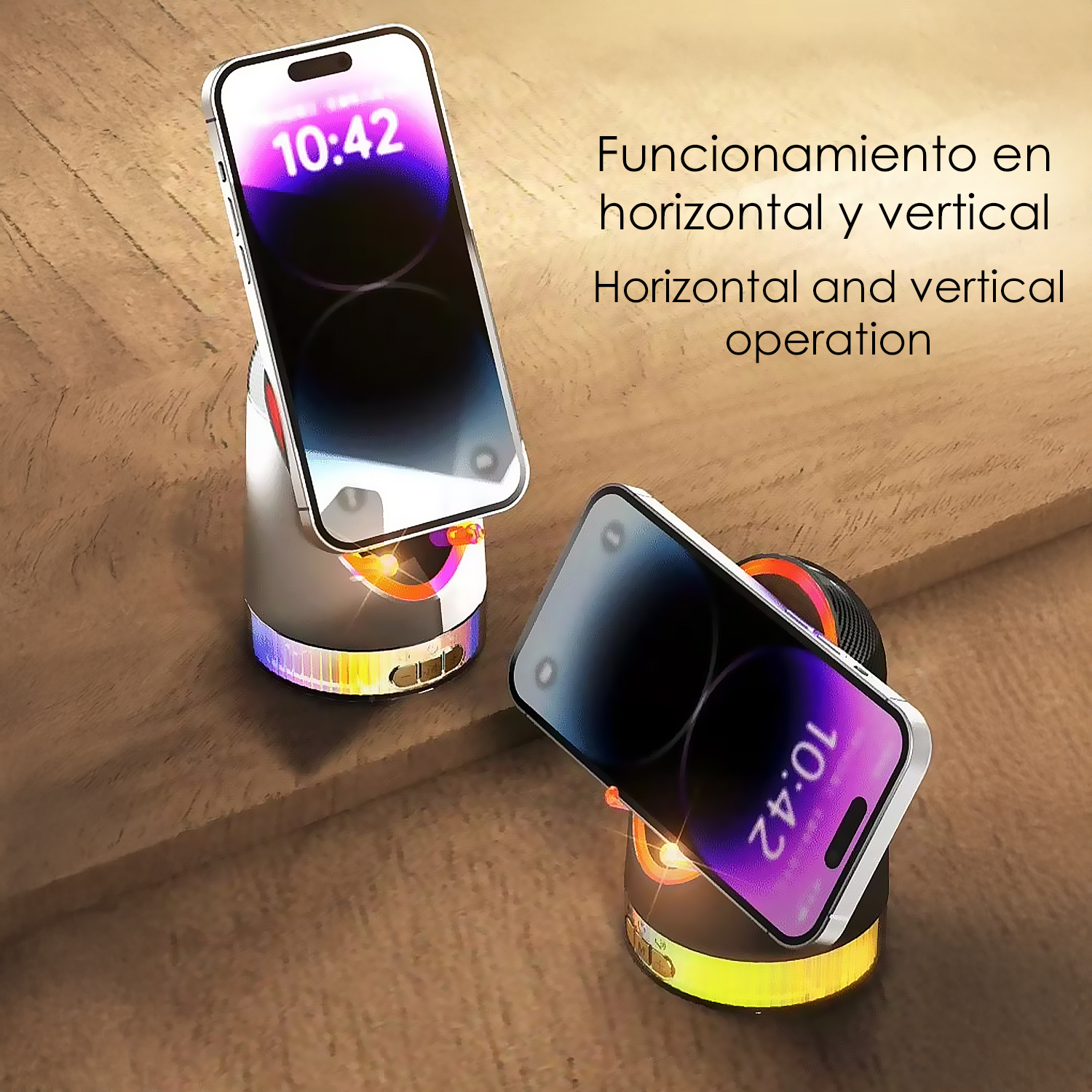 Due smartphone su basi di ricarica con luci colorate su sfondo di legno.