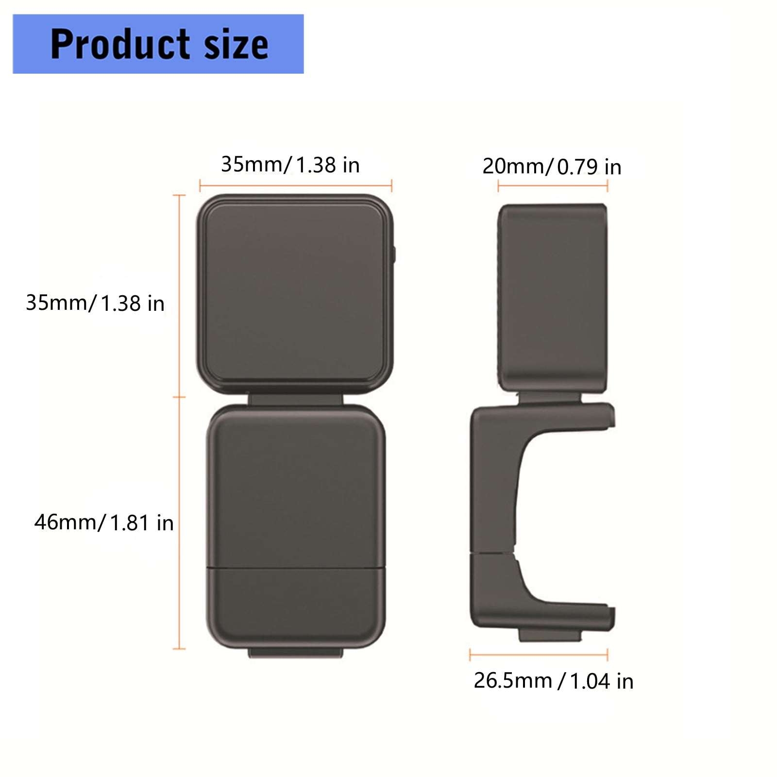 Produktgröße: 35x35mm, 46mm Höhe. Seitenansicht: 20x26.5mm.