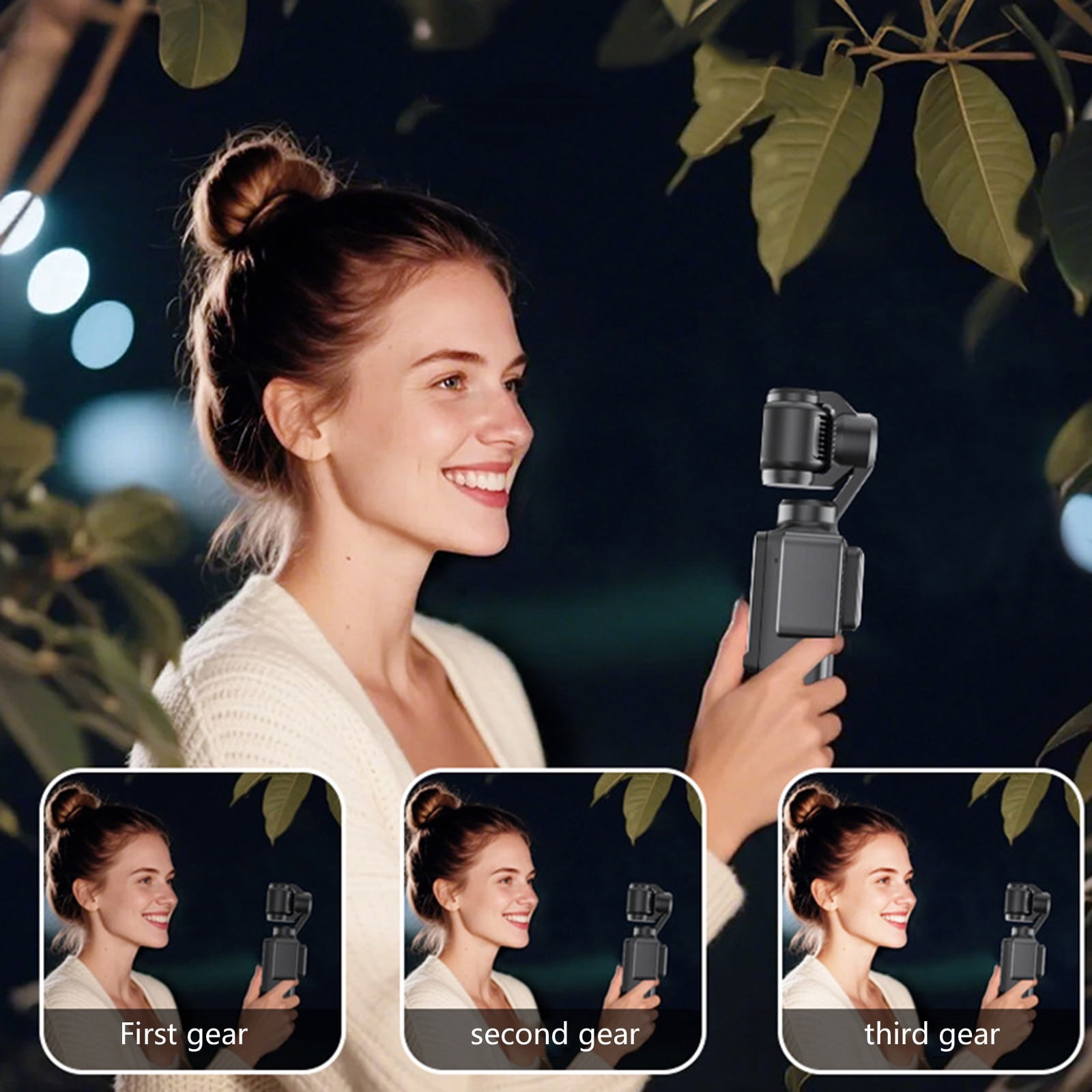 Frau mit Dutt hält Gimbal, drei kleine Bilder zeigen Gänge.