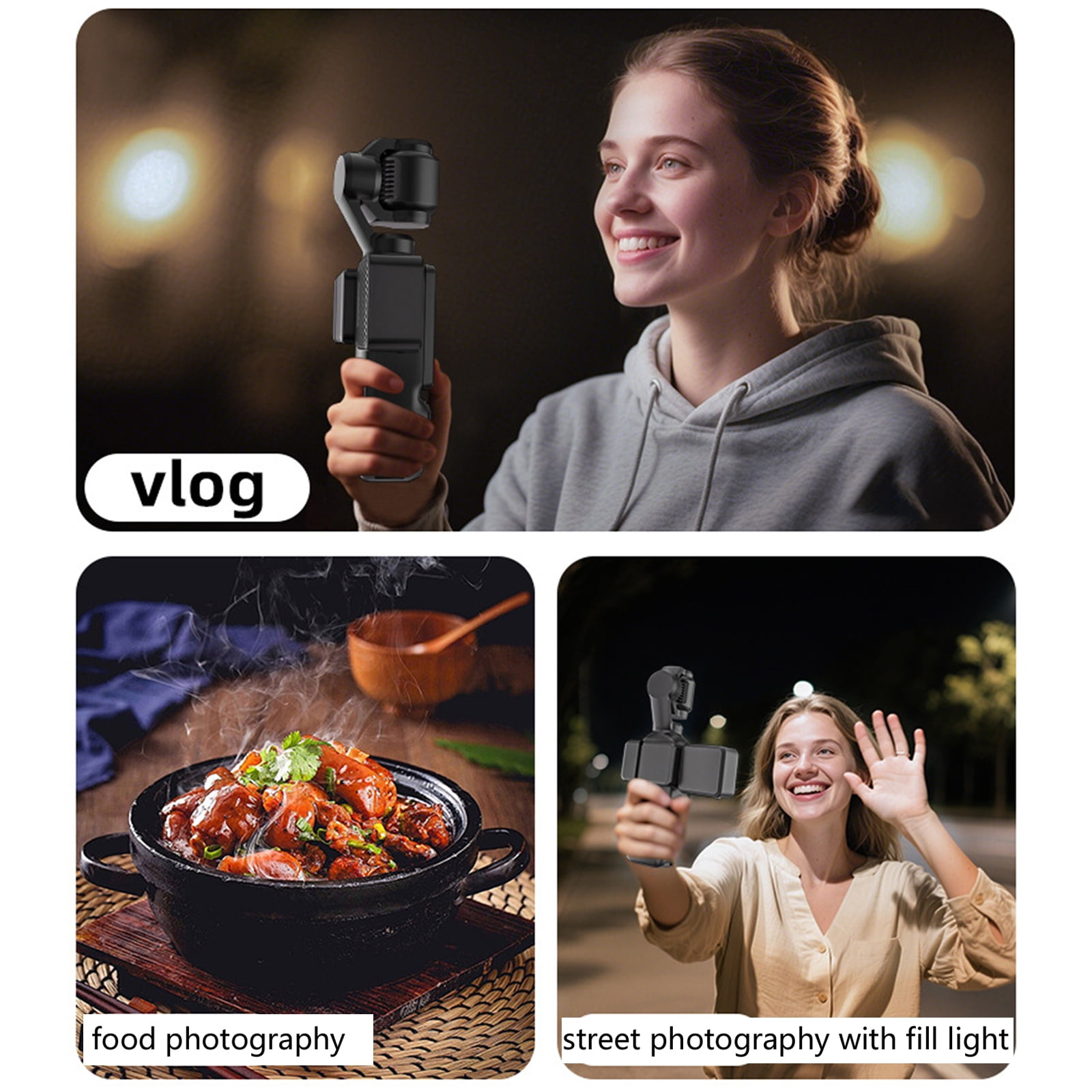 Eine Frau hält einen Gimbal für ein Vlogging und eine Frau hält einen Gimbal für Straßenfotografie.