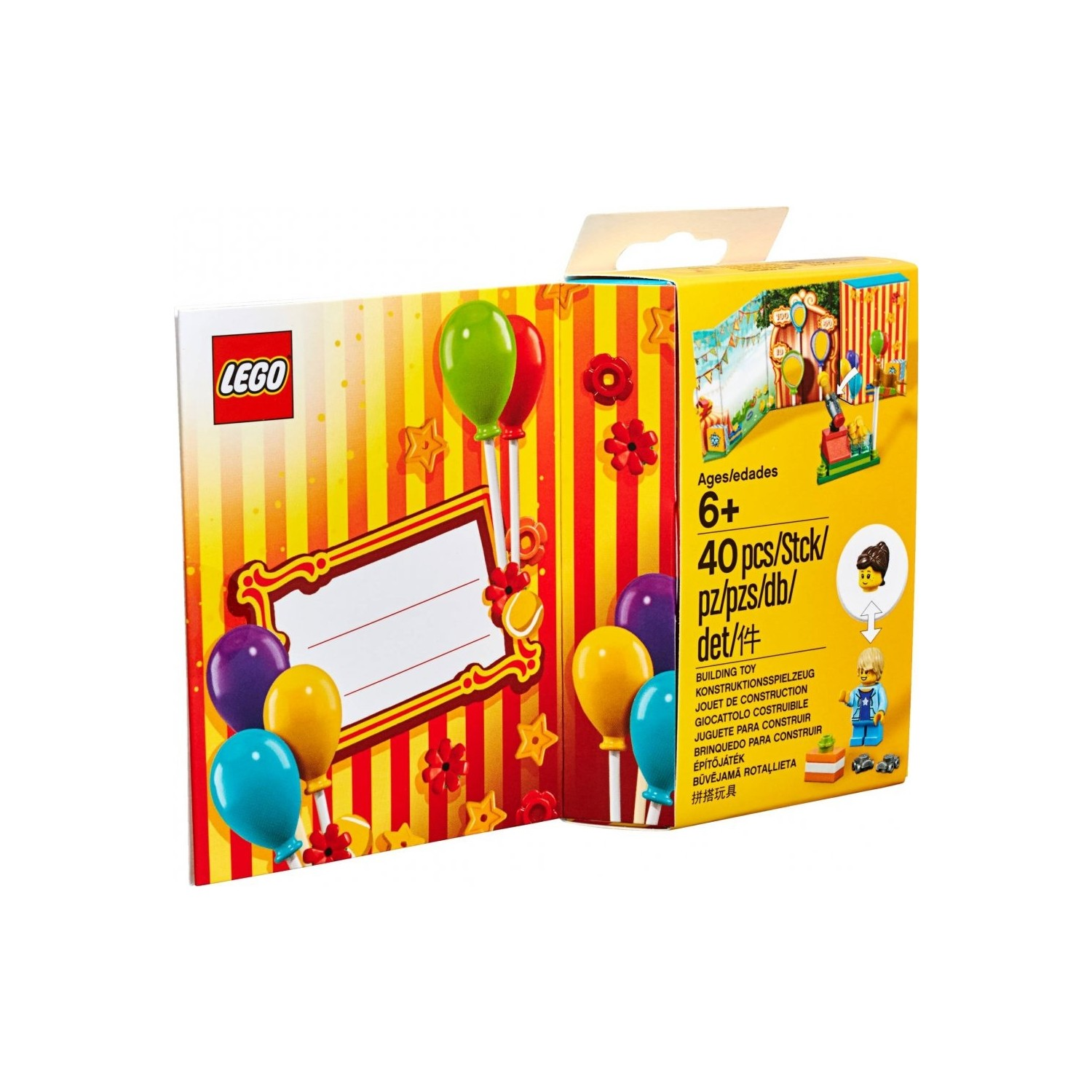 Renkli çizgili, balonlu, yıldızlı ve oyuncak sahneli Lego kutusu.