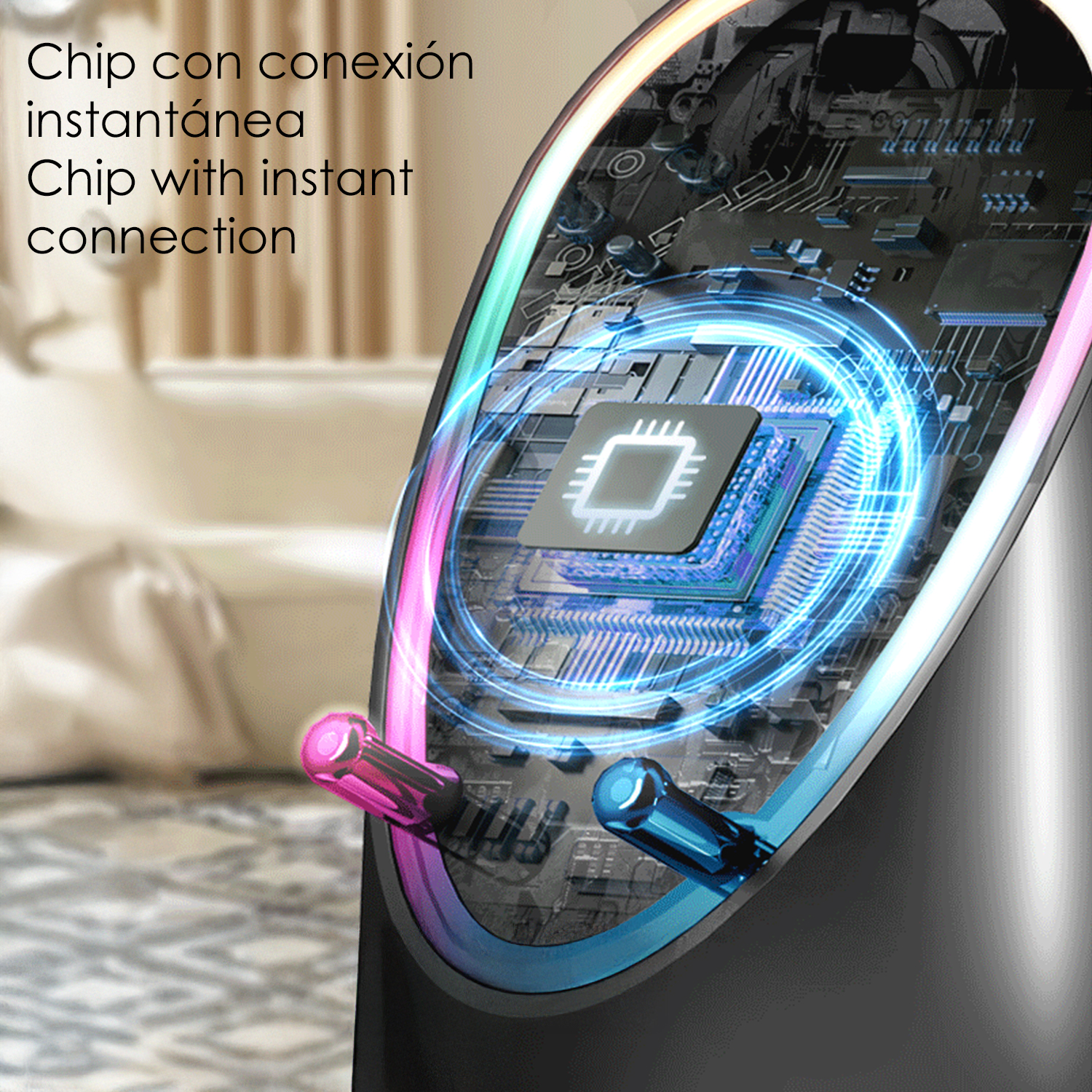 Primo piano di un chip futuristico con circuiti blu luminosi e luci rosa/blu.