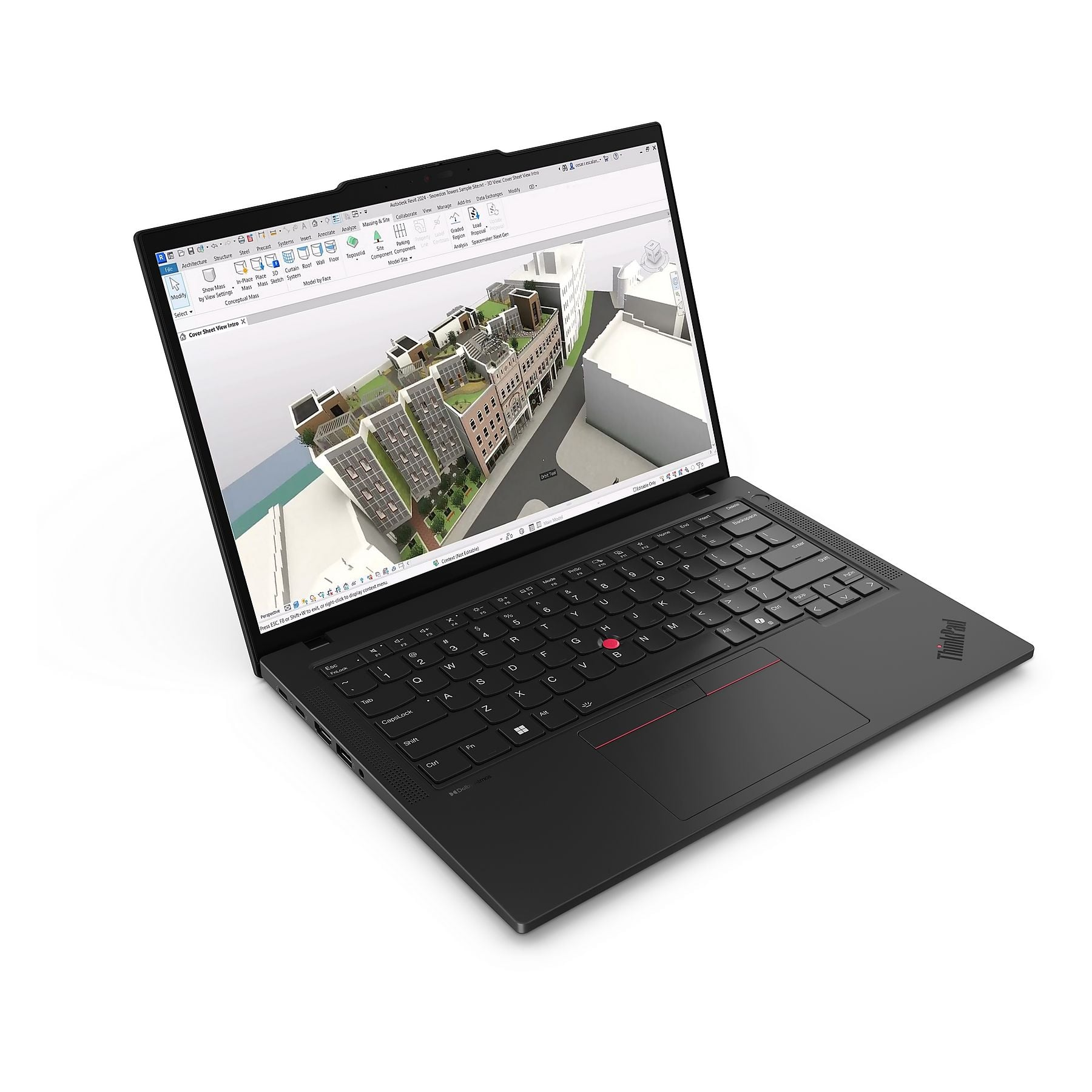 Un laptop nero mostra un modello 3D di edificio in Autodesk Revit.