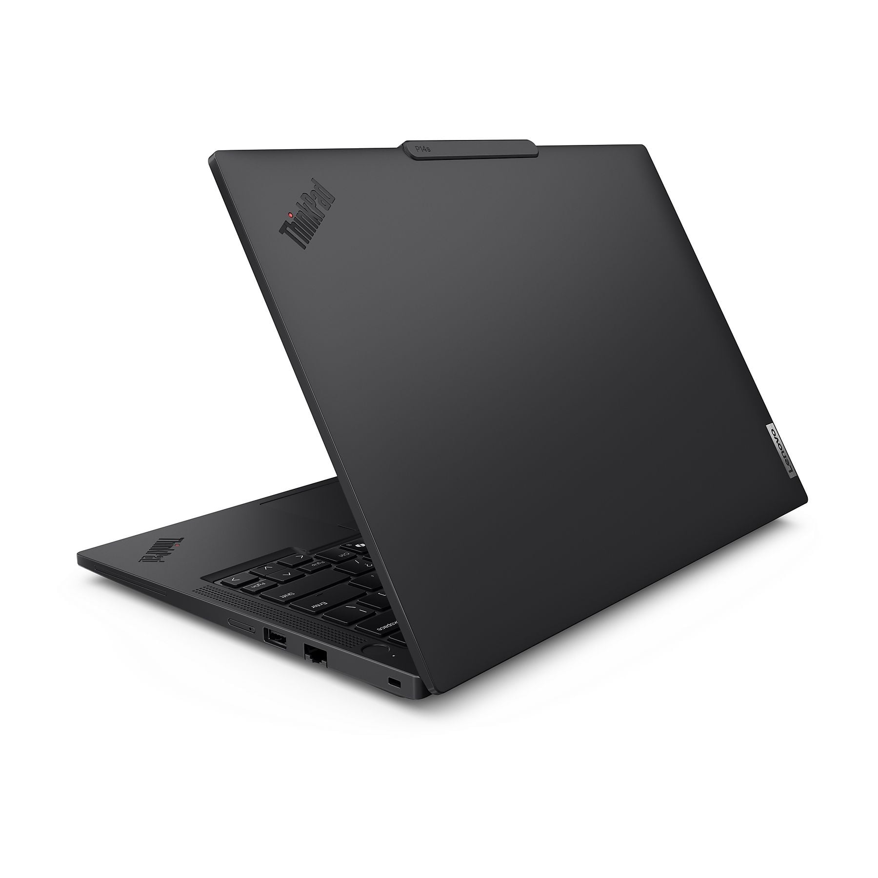 Un laptop nero ThinkPad con il coperchio aperto, su sfondo bianco.