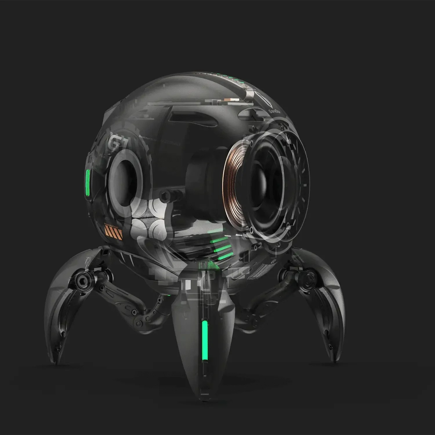 Przezroczysty głośnik z czterema przegubowymi nogami, podświetlony zielonymi akcentami.