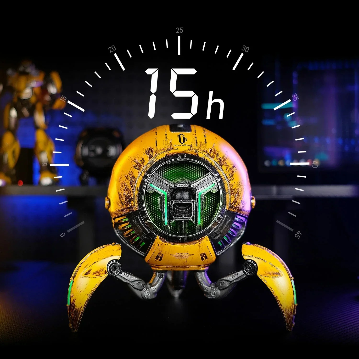 Żółty głośnik robota z zielonym środkiem i cyfrowym wyświetlaczem 15h.