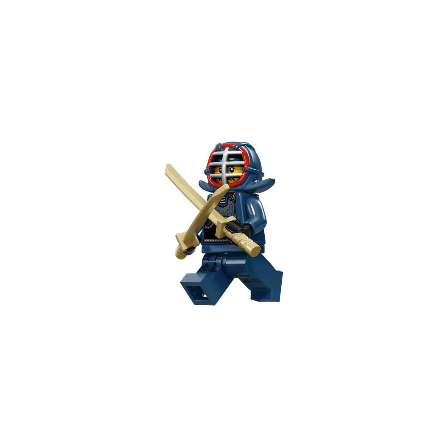Kask ve iki kılıç takan mavi Lego savaşçısı.