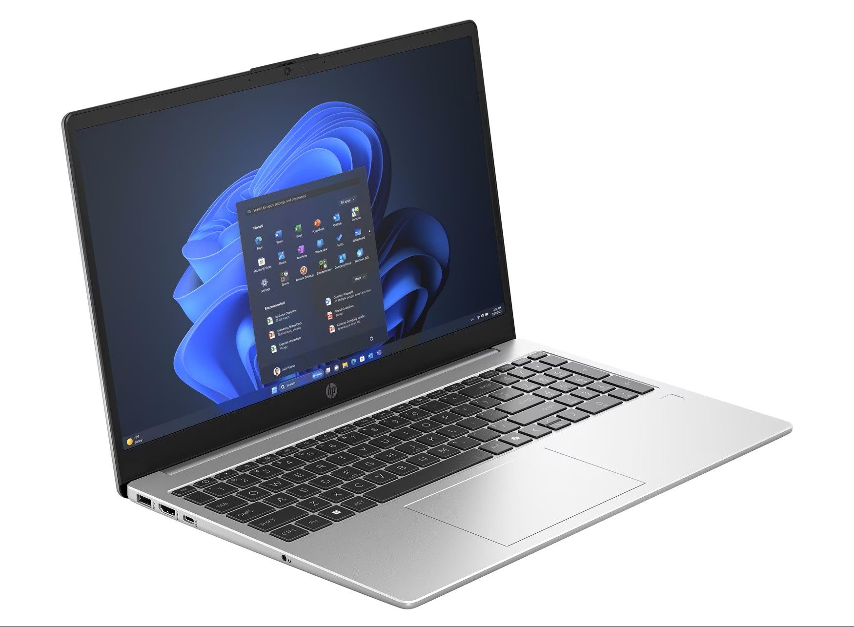 Ein silberner HP Laptop mit Windows 11 auf dem Bildschirm.