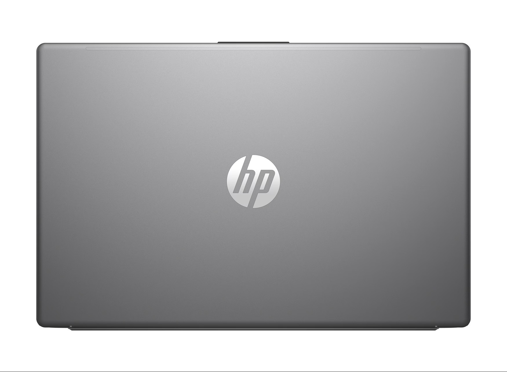 Geschlossener grauer HP Laptop mit silbernem Logo auf weißem Grund.