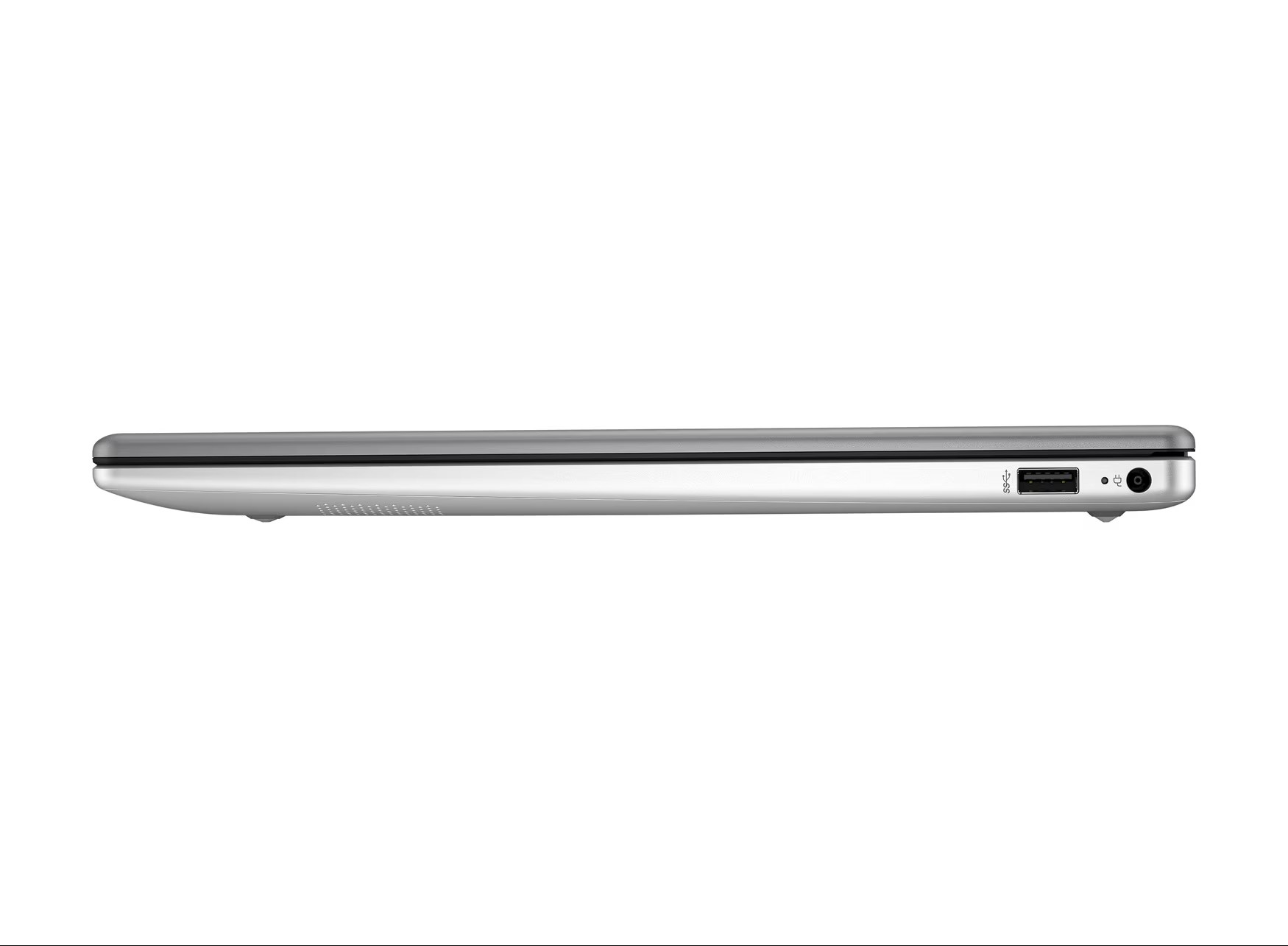 Seitenansicht eines geschlossenen silbernen Laptops mit USB-Anschluss und Audiobuchse.