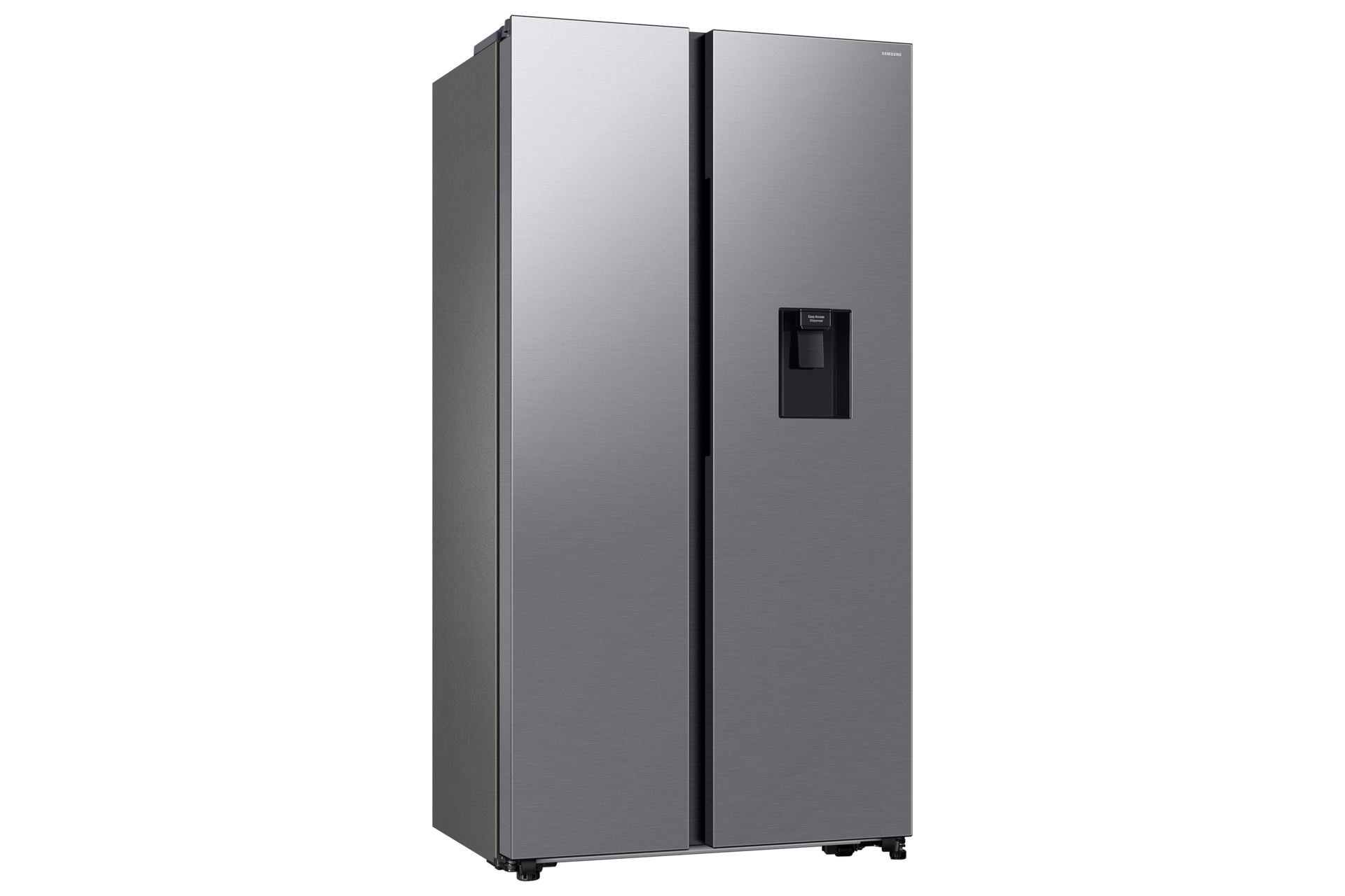 Een zilveren Samsung side-by-side koelkast met waterdispenser.