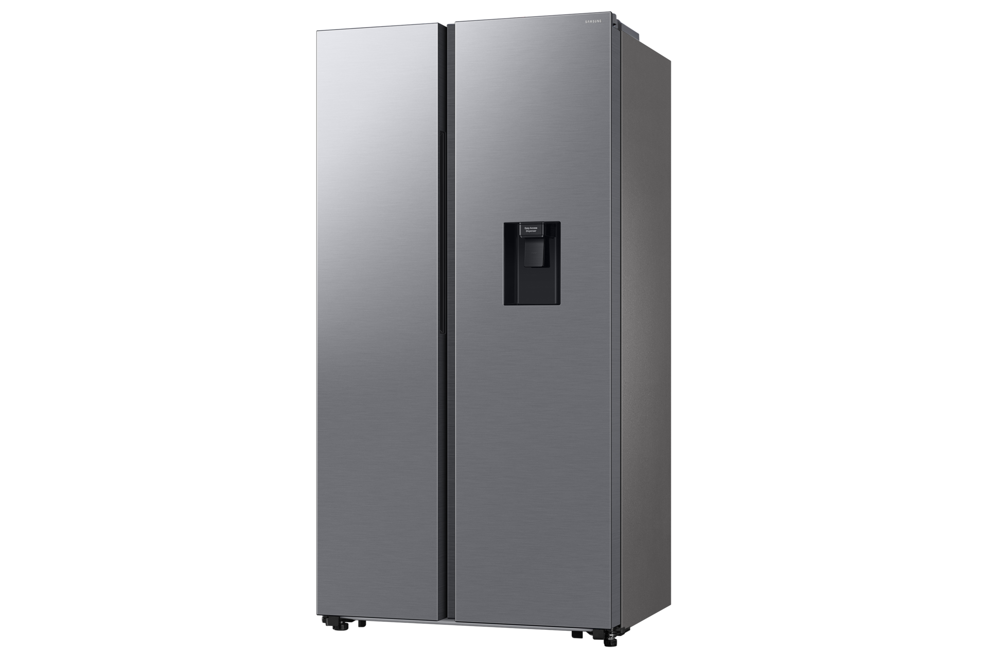 Een zilveren Samsung side-by-side koelkast met waterdispenser.