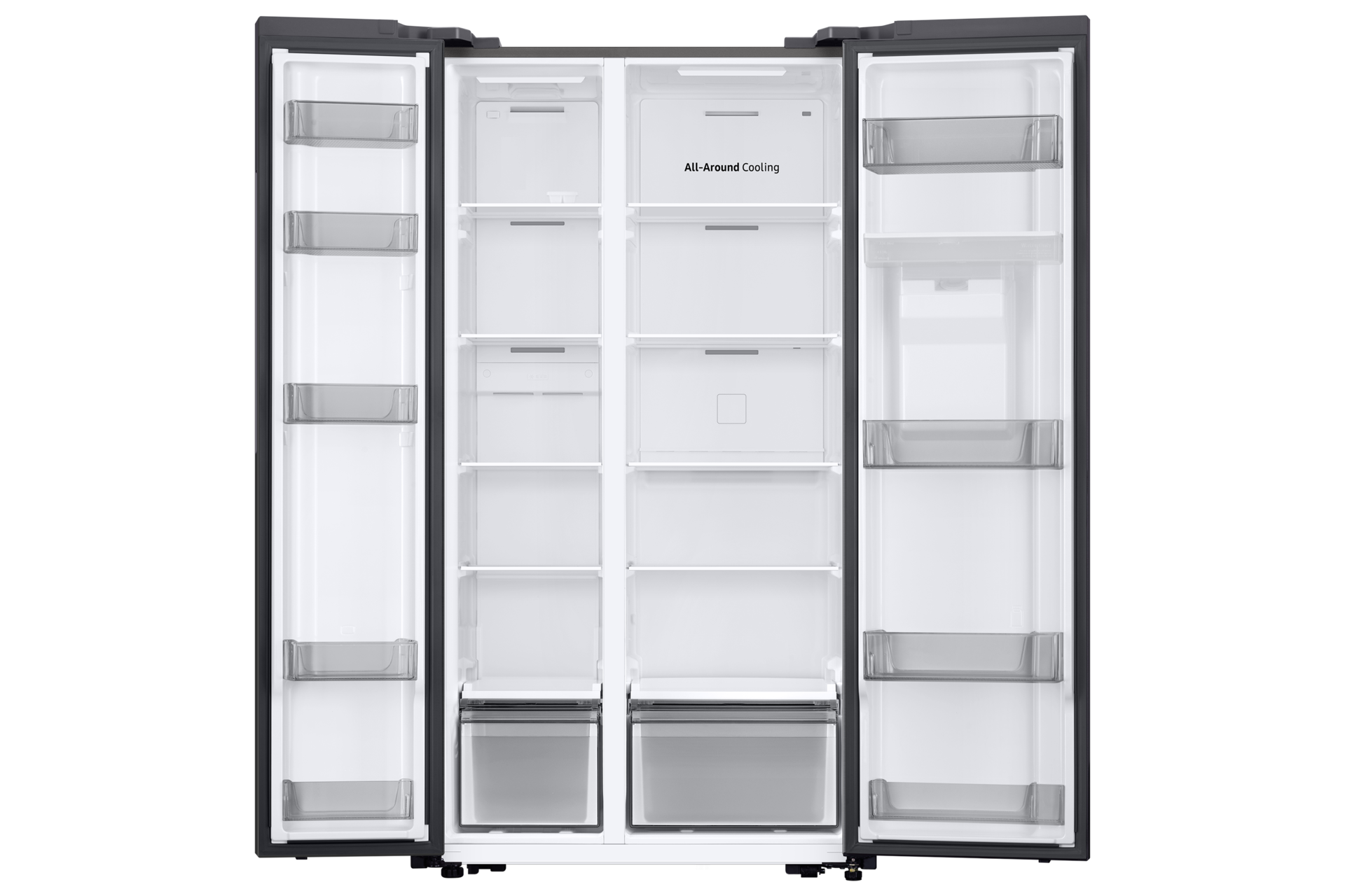 Een lege, open koelkast met meerdere planken en lades. All-Around Cooling.