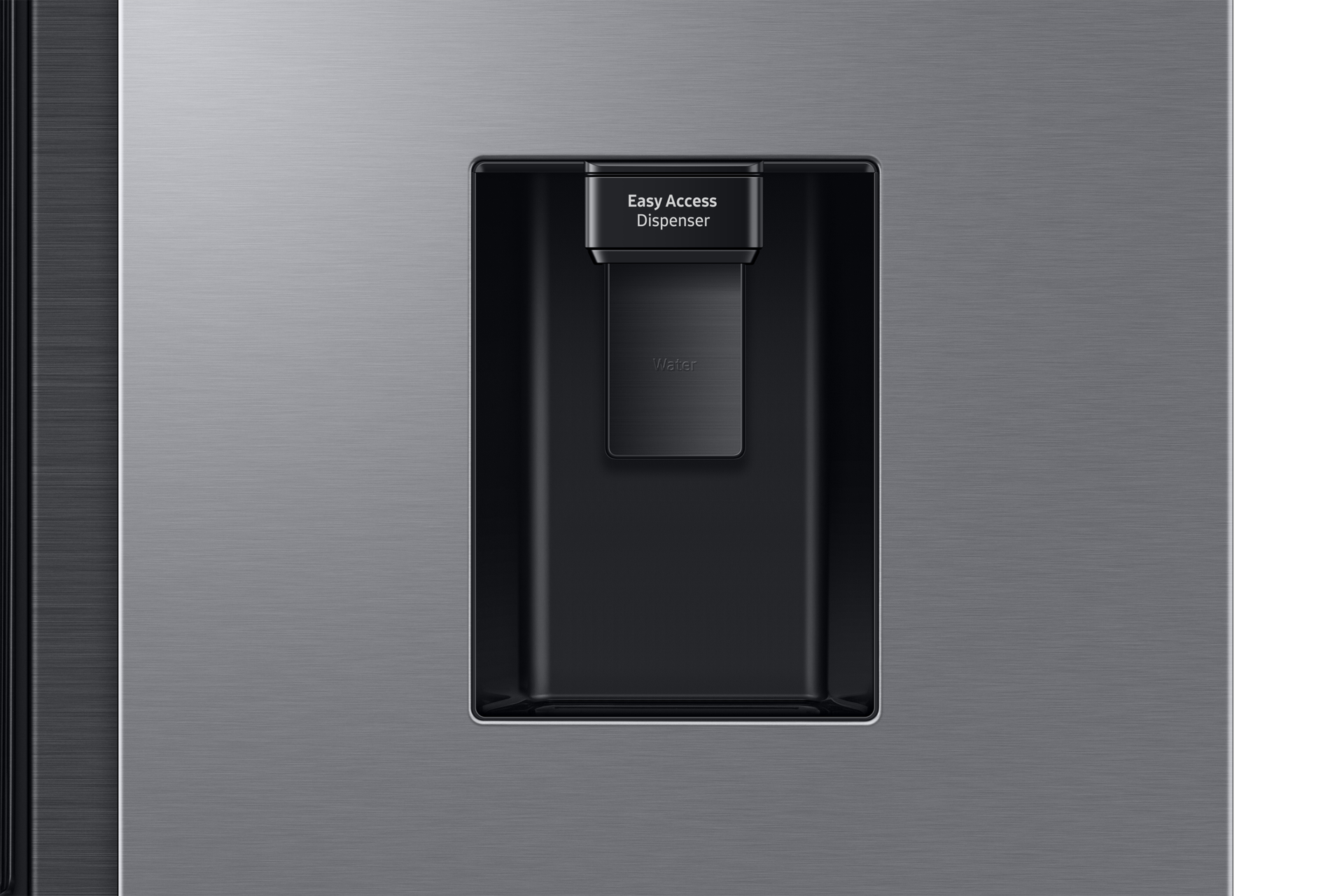 Waterdispenser met "Easy Access Dispenser" label op geborsteld metaal.