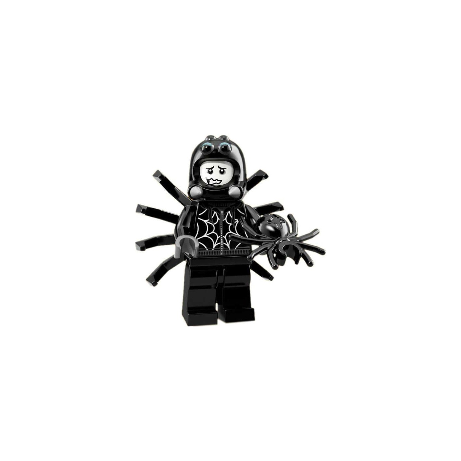 Küçük bir örümcek tutan siyah Lego karakteri örümcek kostümüyle.