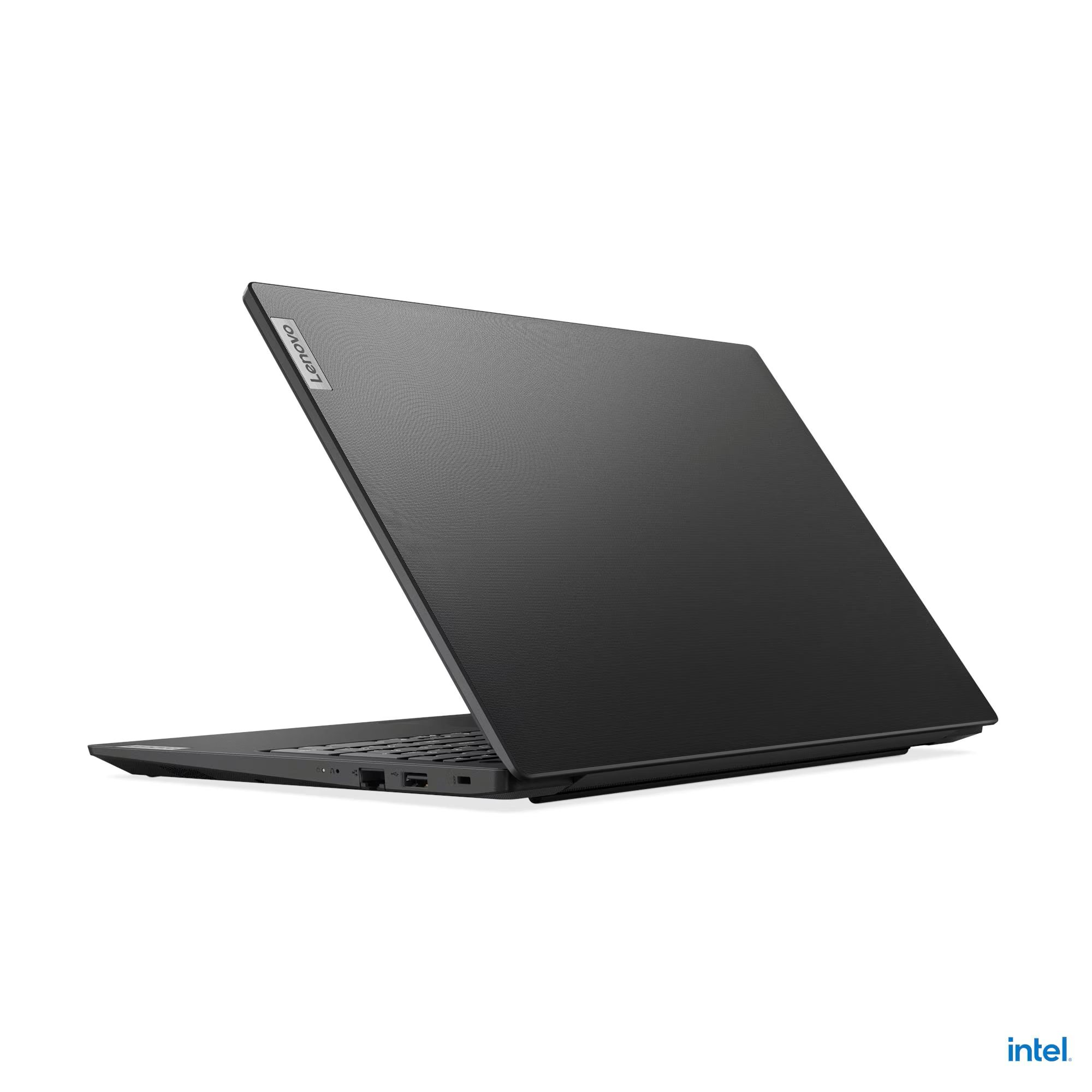 Schwarzer Lenovo Laptop auf weißem Hintergrund, leicht geöffnet mit Anschlüssen sichtbar.