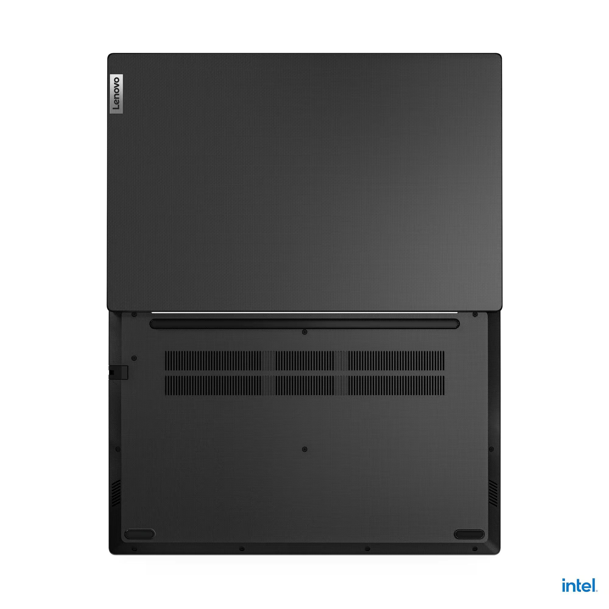 Schwarzer Laptop von Lenovo, offen, Unterseite sichtbar mit Lüftungsschlitzen.