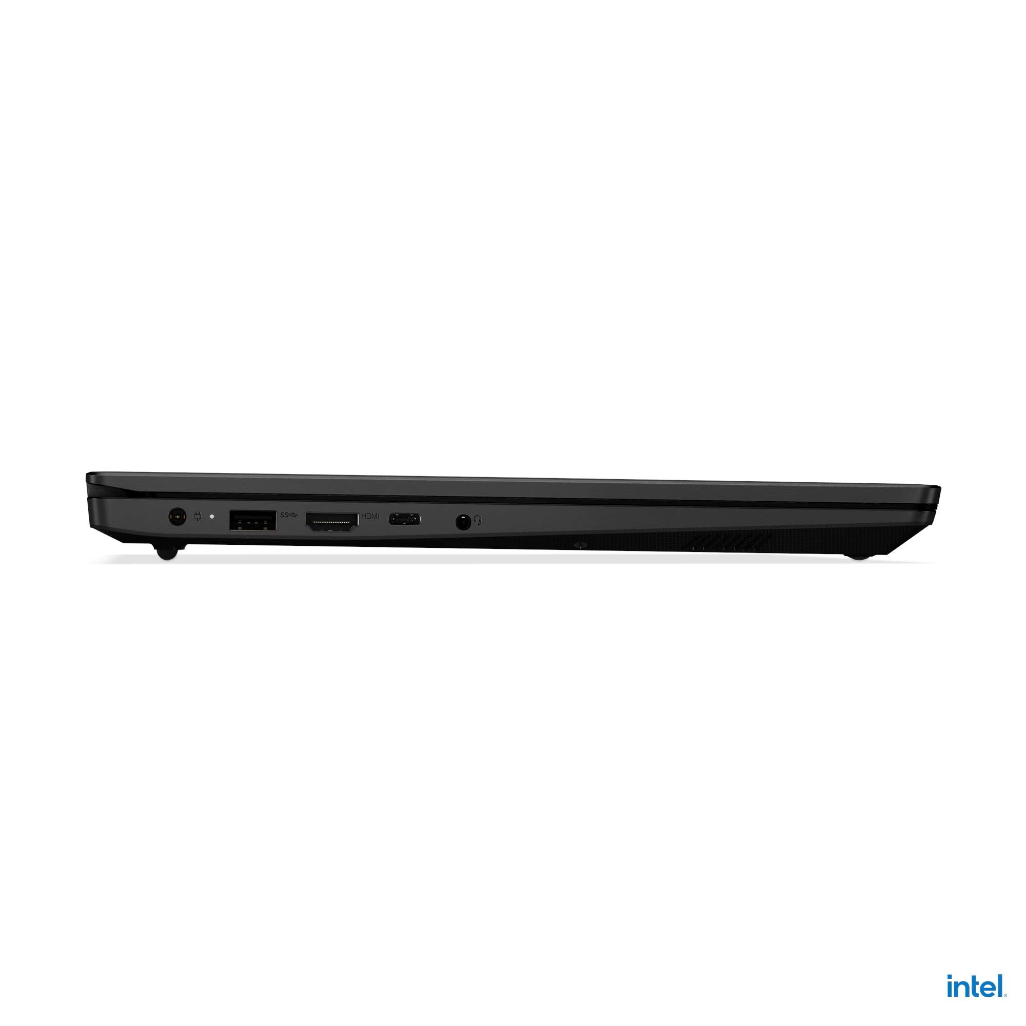 Seitenansicht eines geschlossenen schwarzen Laptops mit USB-, HDMI- und Audioanschlüssen.