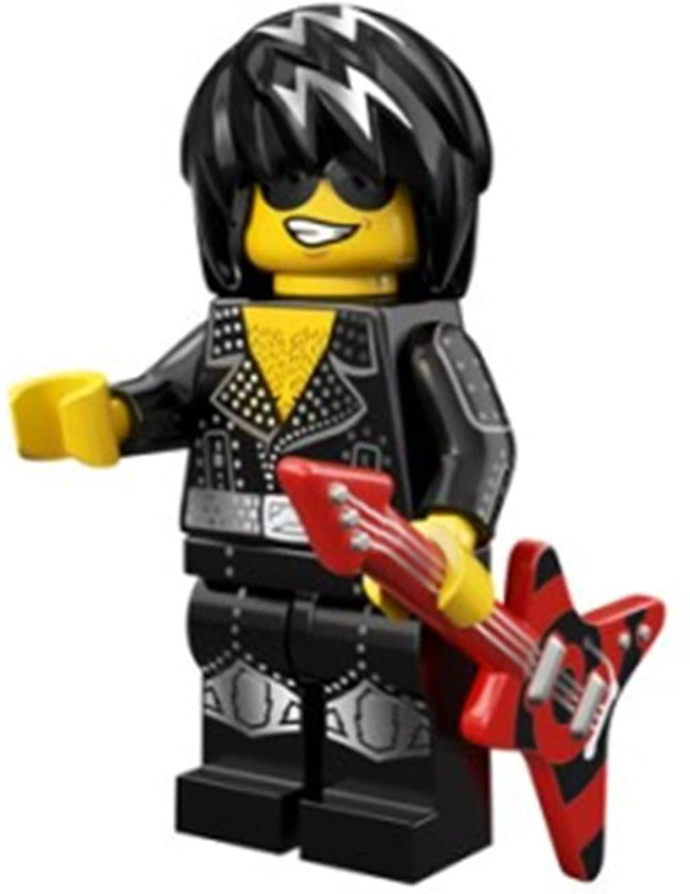 Siyah saçlı, güneş gözlüklü, deri ceketli, kırmızı gitar tutan Lego figürü.