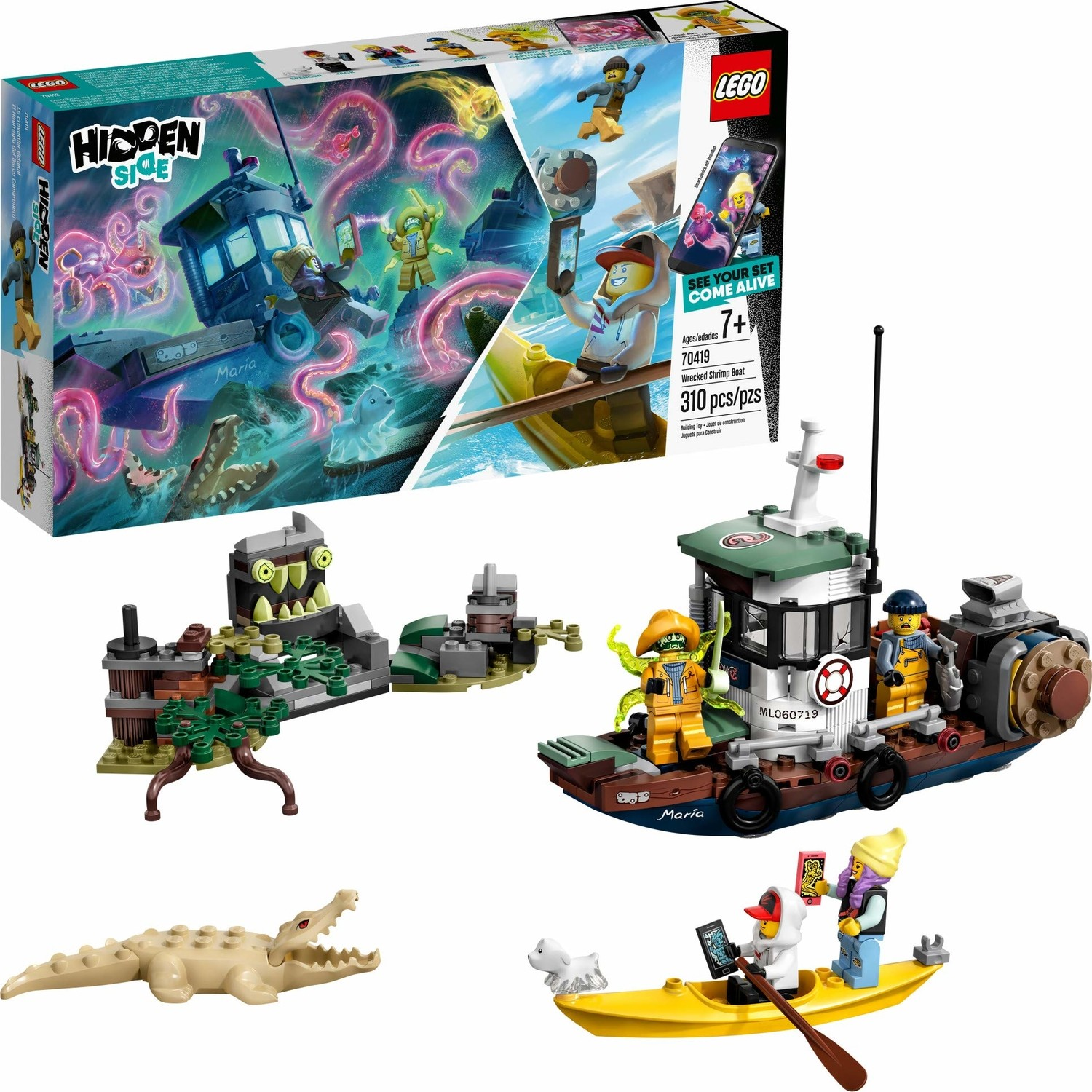 Hayalet tekne, figürler, timsah ve kano içeren LEGO seti.