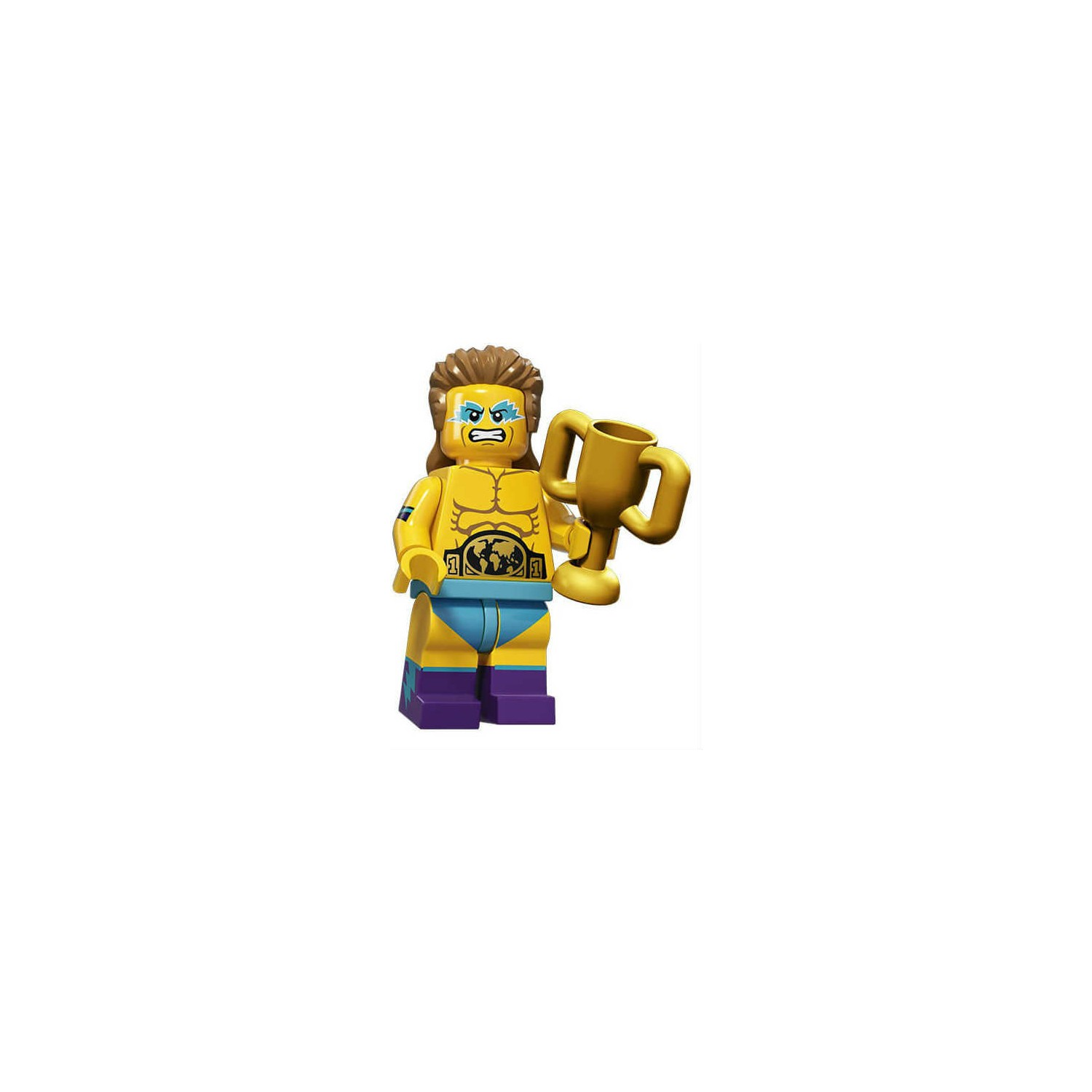 Altın kupayı tutan sarı Lego güreşçisi, mavi şortlu.