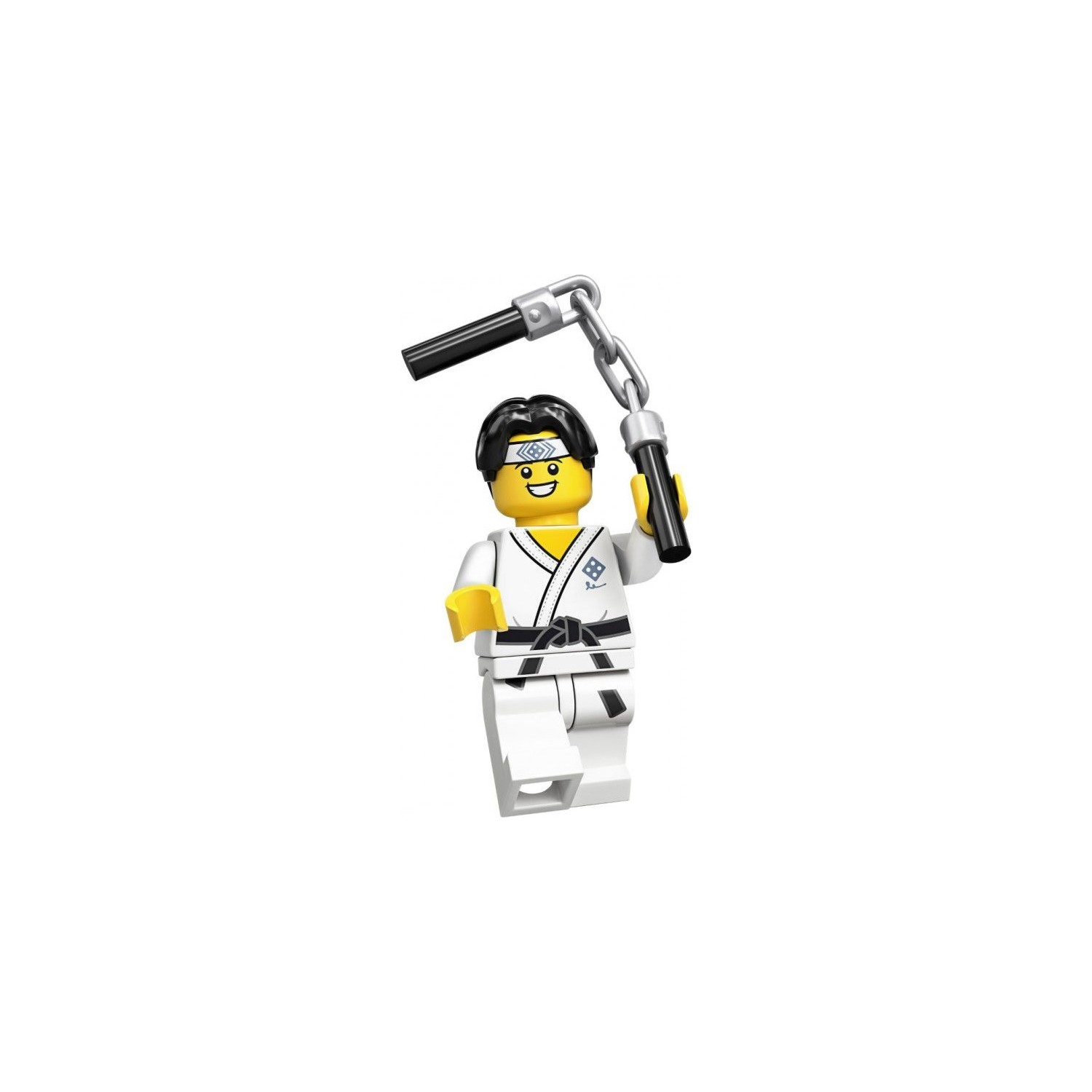 Beyaz karate kıyafetli Lego figürü nunchaku tutuyor.