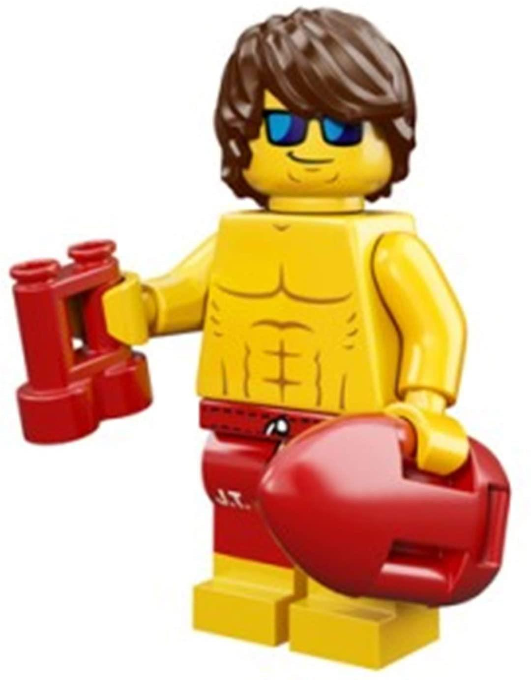 Kahverengi saçlı, güneş gözlüklü sarı Lego cankurtaran, kırmızı can simidi ve dürbün tutuyor.