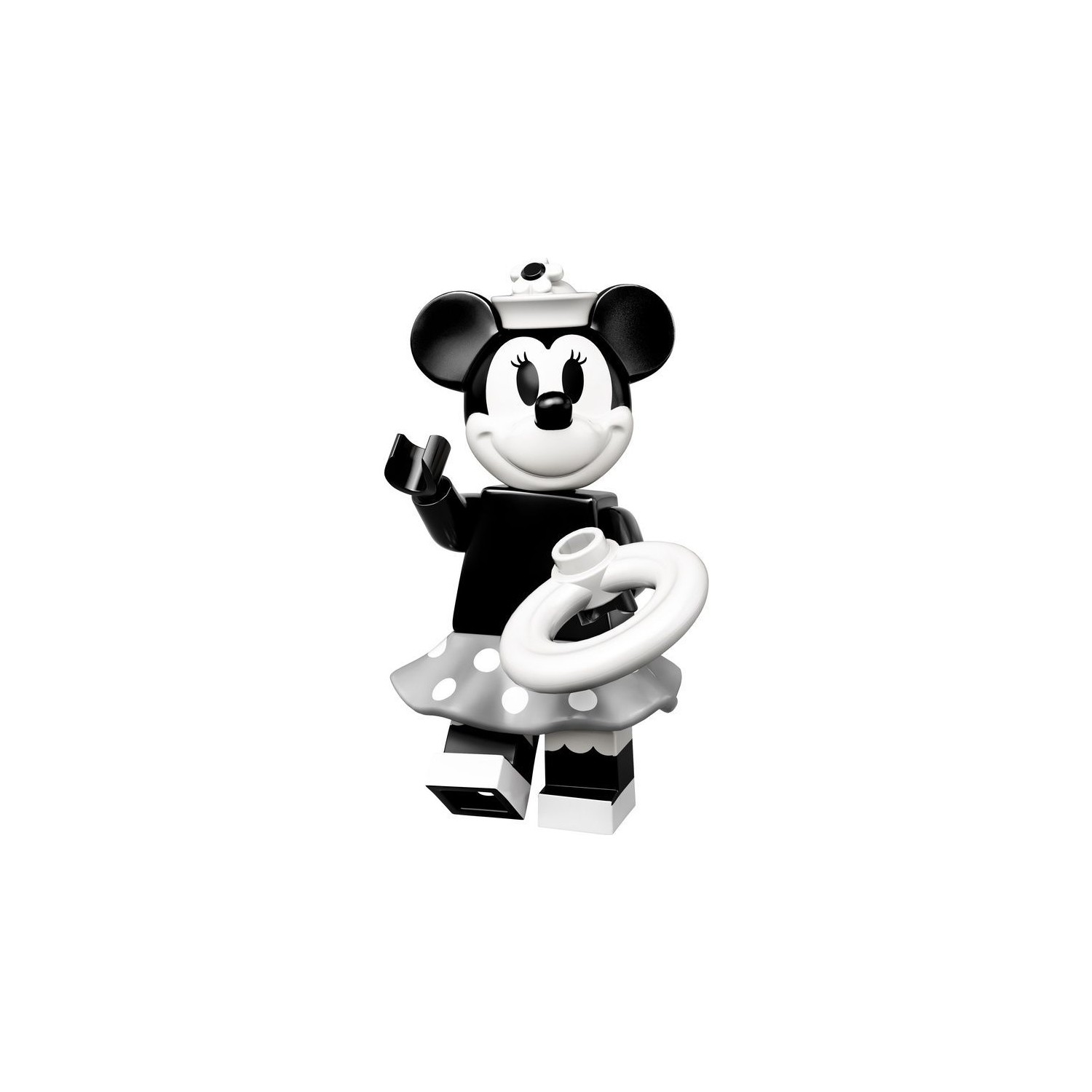 Noktalı elbisesiyle siyah beyaz Minnie Mouse Lego figürü.