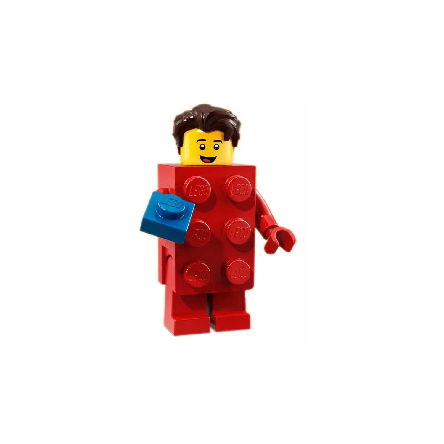 Kırmızı bir Lego figürü elinde mavi bir Lego tuğlası tutuyor.