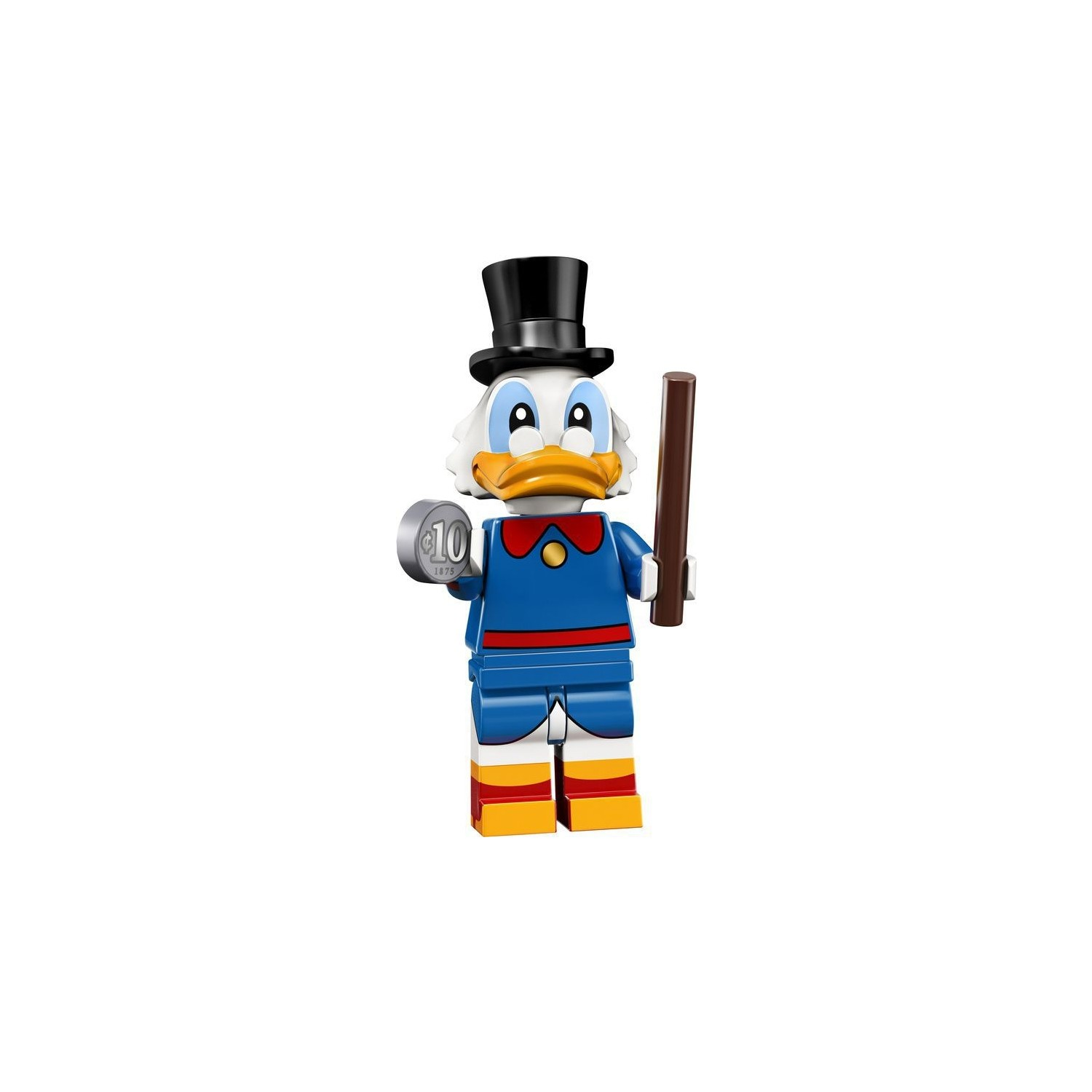 Silindir şapkalı, monoküllü, mavi gömlekli ve sopalı Lego figürü.
