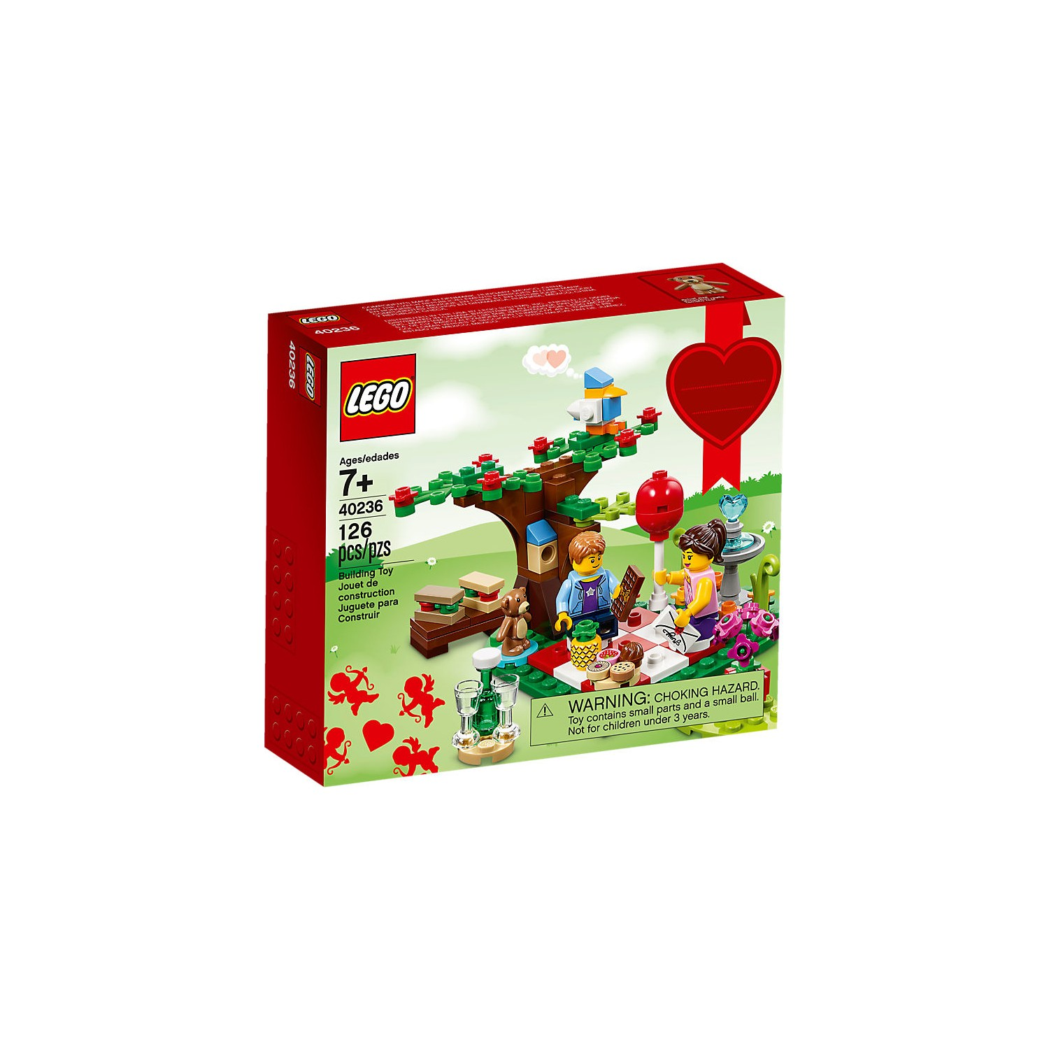 İki figürlü, ağaçlı ve kalp süslemeli piknik sahnesini gösteren LEGO set kutusu.