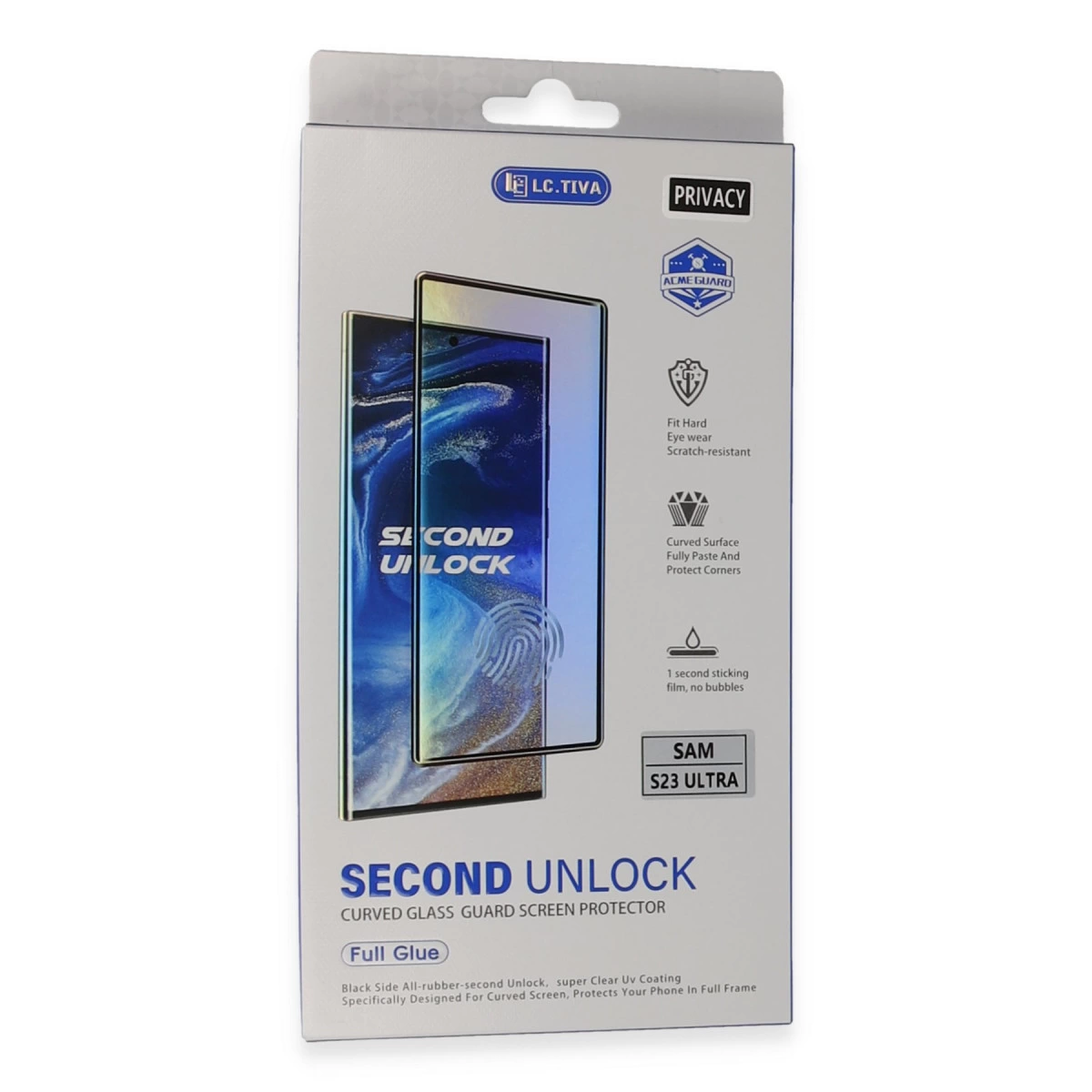 Samsung S23 Ultra için LC.TIVA "Second Unlock" ekran koruyucu kutusu.