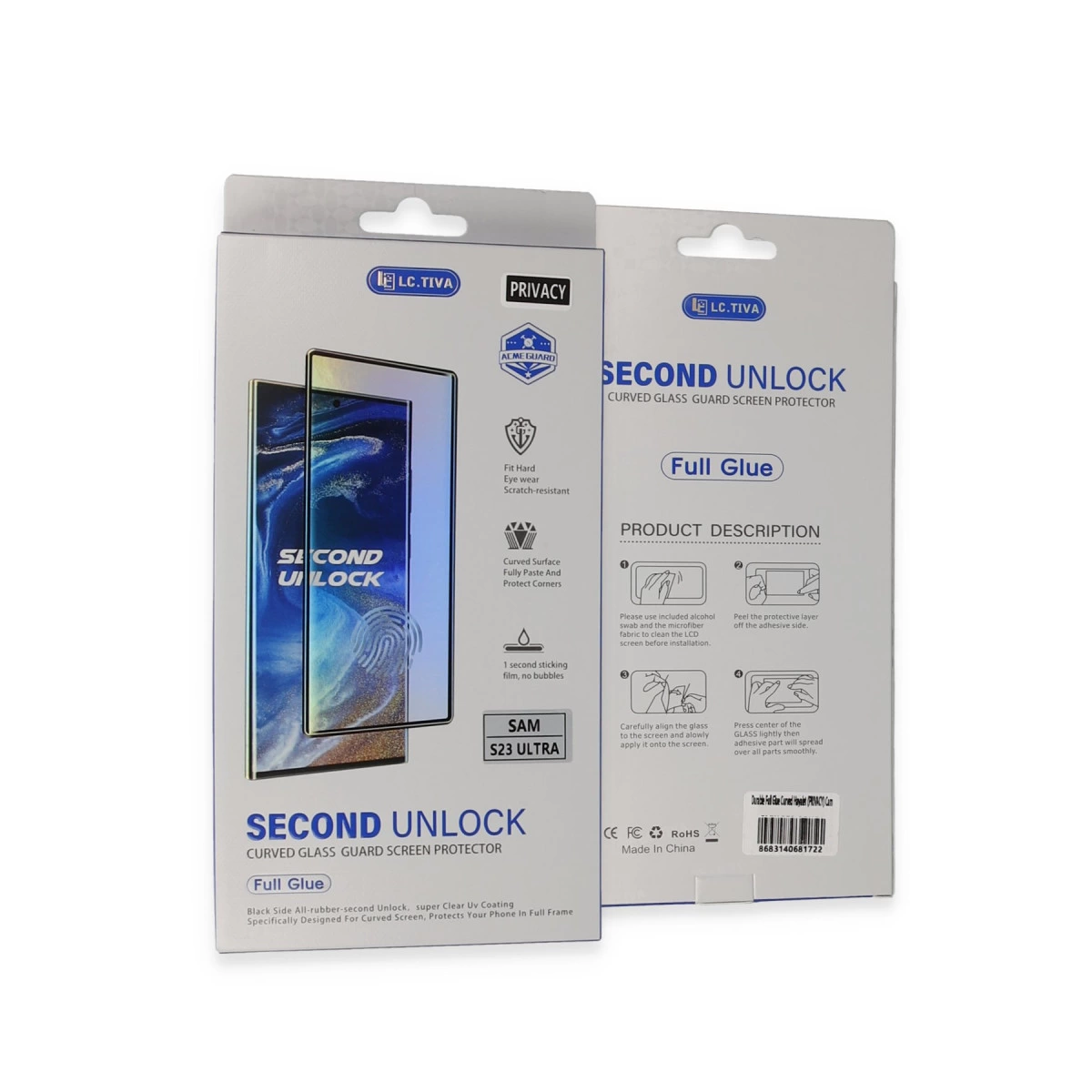 Samsung S23 Ultra için kavisli cam ekran koruyucu ambalajı.